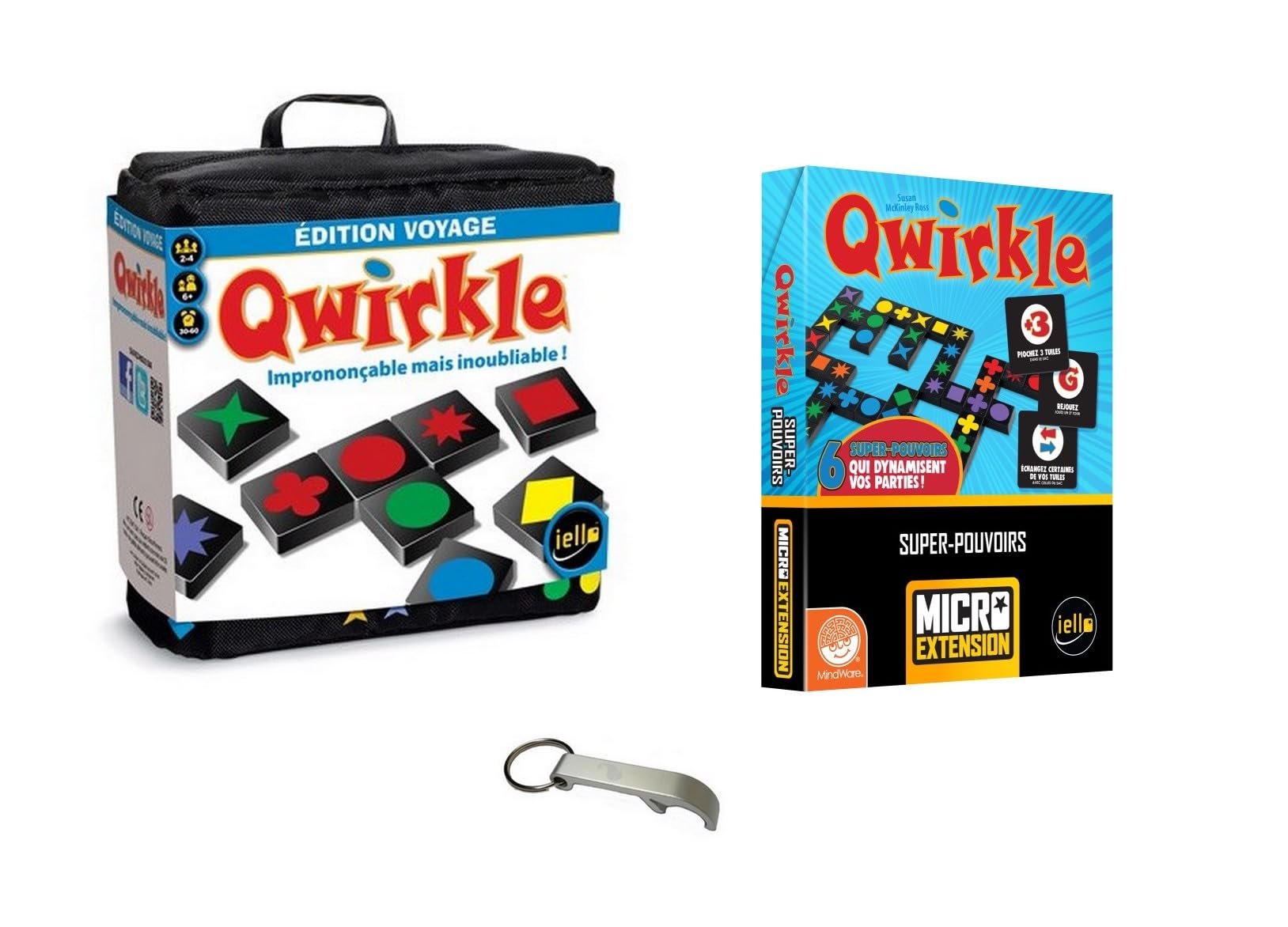 Blumie Shop Lot Qwirkle Voyage + Micro Extension Supers Pouvoirs + 1 Decapsuleur - Jeu de Société - À Partir de 6 Ans - 2 à 4 Joueurs
