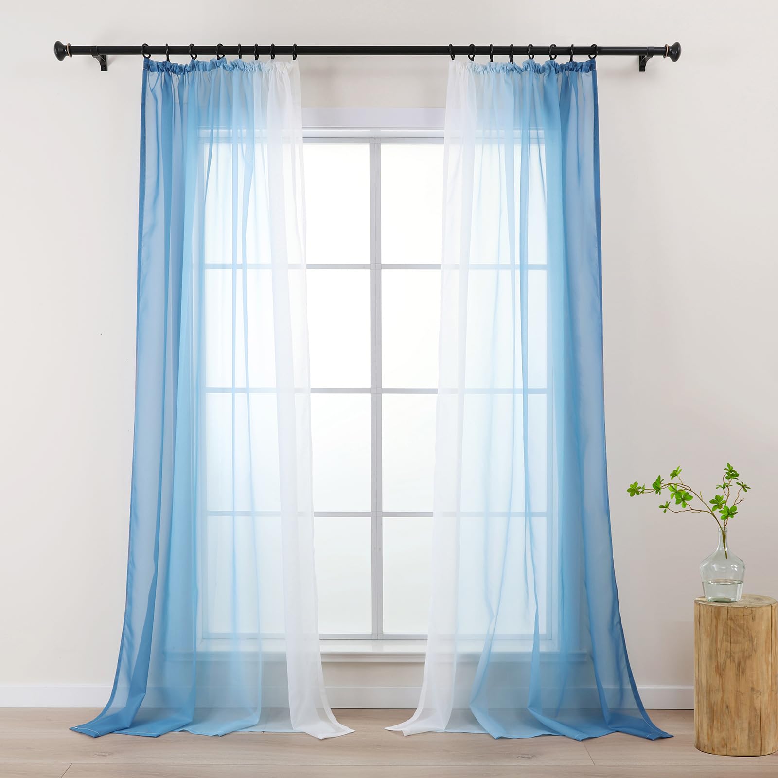 L.Z.E Blue White Voile Curtains for Living Room Pencil Pleat Light Blue Ombre Sheer Curtains & Drapes for Kids Boys Room Bedroom Windows Transparent