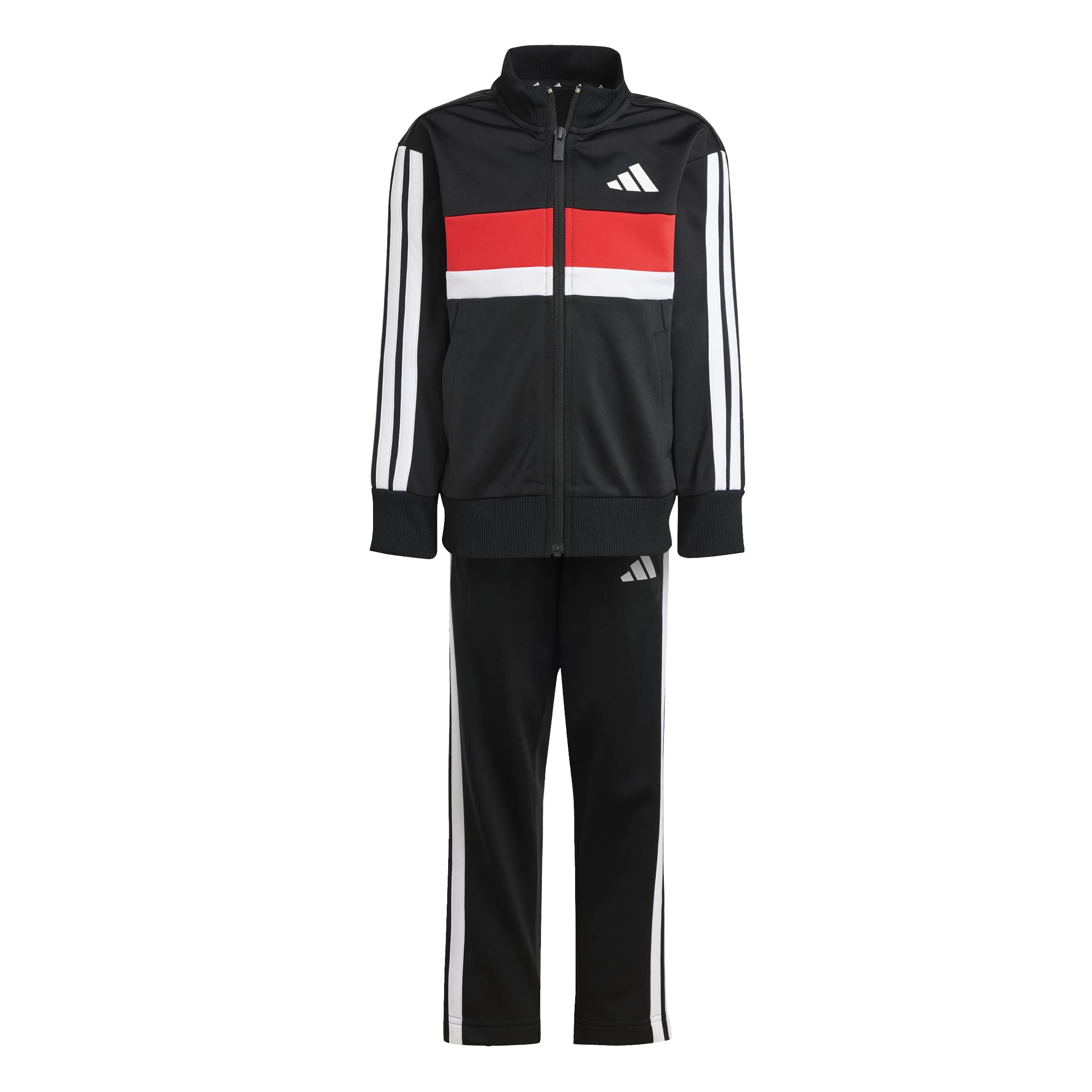 adidas Unisex Kids SEASONAL ESSENTIALS TIBERIO 3 STRIPES TRICOT TRACKSUIT, black/white/pure ruby, 7-8 Years