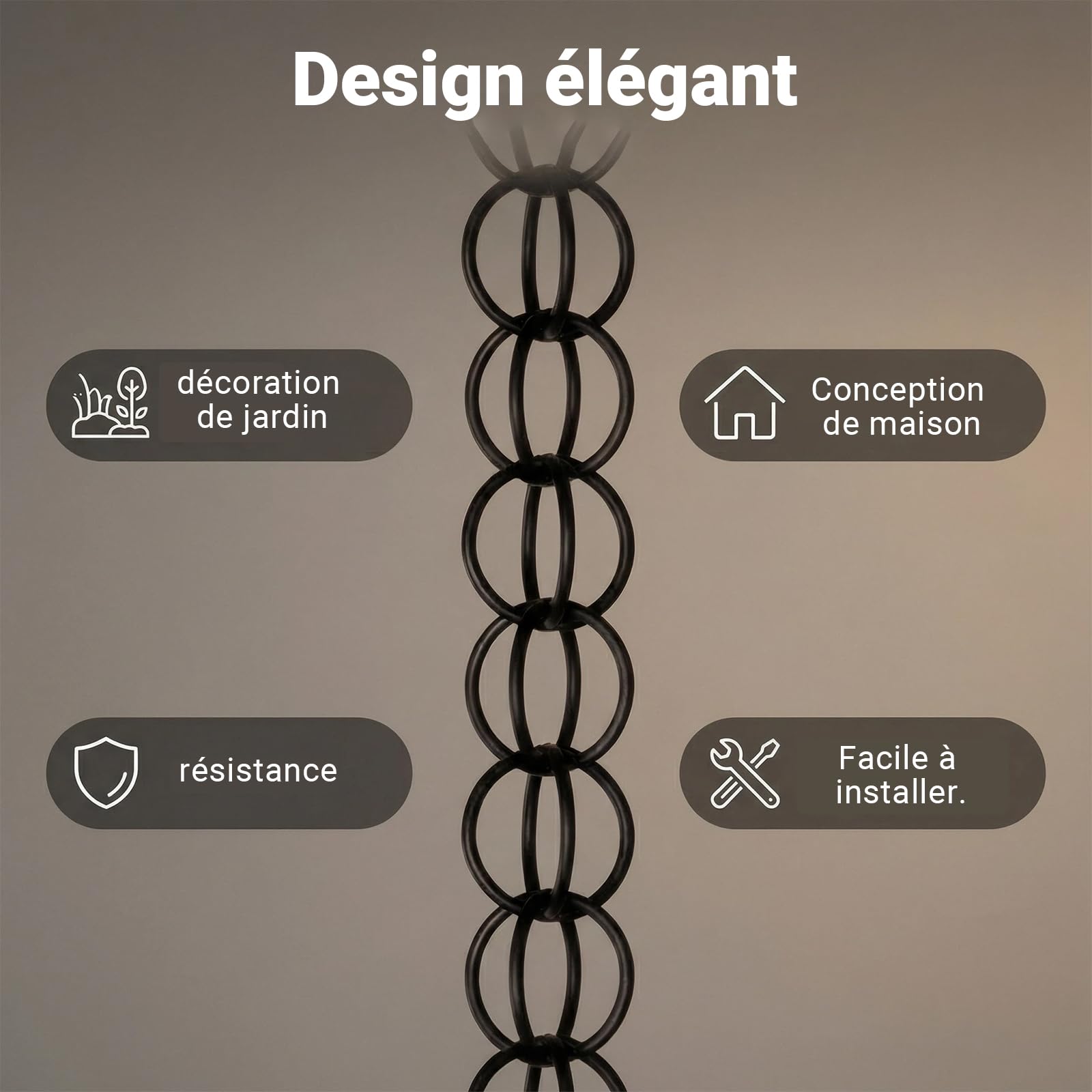 Chaînes de Pluie pour Jardin Extérieur, for Jardin/Cour/terrasse, Parfaite pour remplacer Les descentes de Pluie, Fonction De Drainage, Chaînes de Gouttière Cascade Noir 3m(10ft)