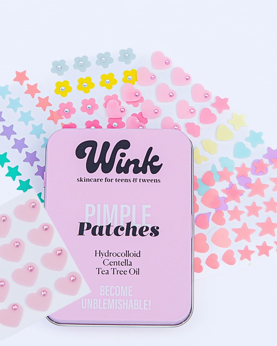 Wink Pimple Patches – 120 Pcs Hydrocolloid Acne Patches with Tea Tree & Centella – Premium Star & Gem Shapes for Teens – Gentle Healing for All Skin Types – Gift-Ready Tin Box & Holographic Pouch