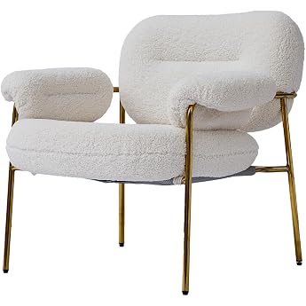 Single Seater Sofa, Personal Chair with Armrests, Removable Seat, Lounge Chair, Fabric, Nordic, Modern, Gold Legs, White