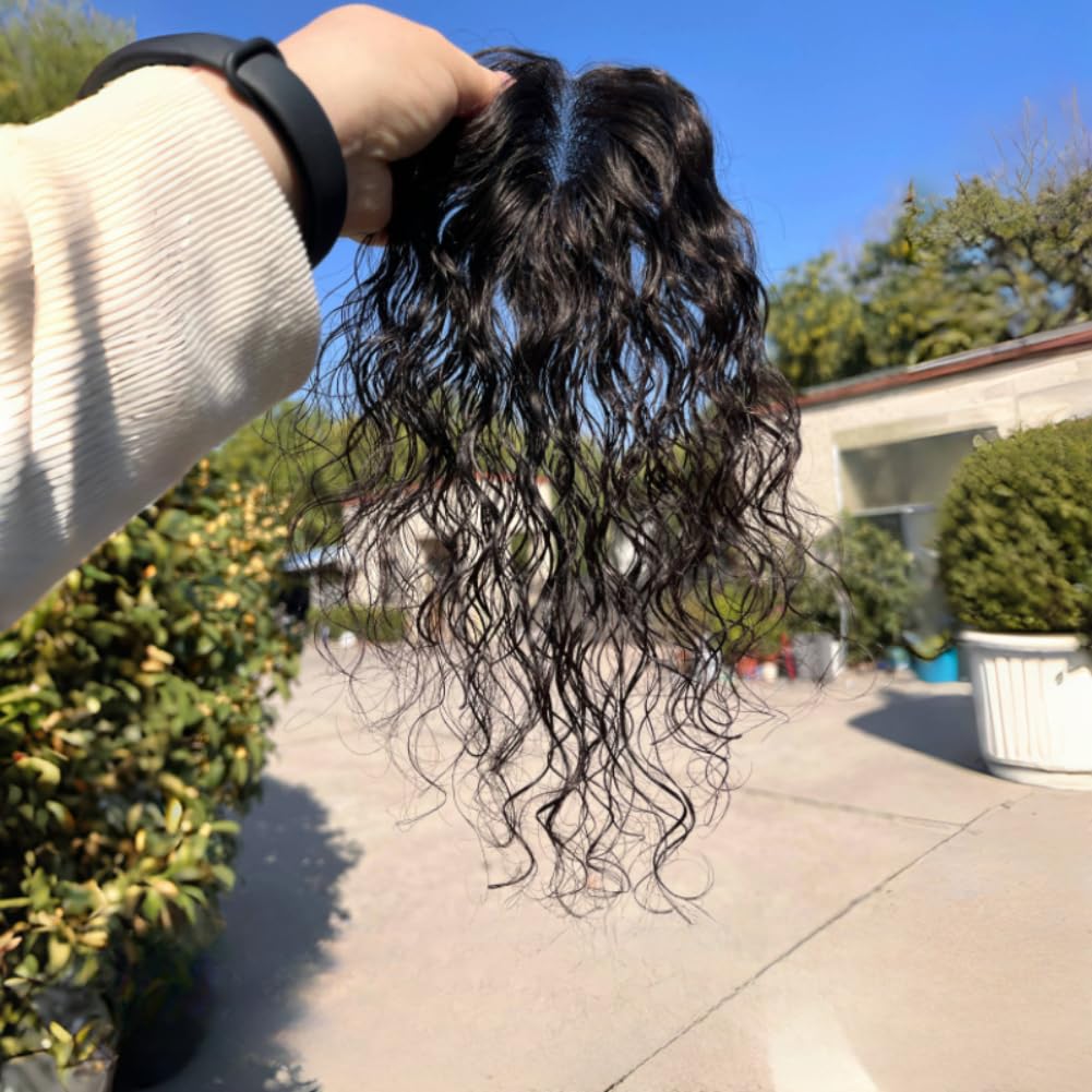 T-shape Base Handmade Fluffy Curly Hair Wiglet Clip in 100% Real Human Hair Topper for Women Thin Hair (Dark brown,25cm)
