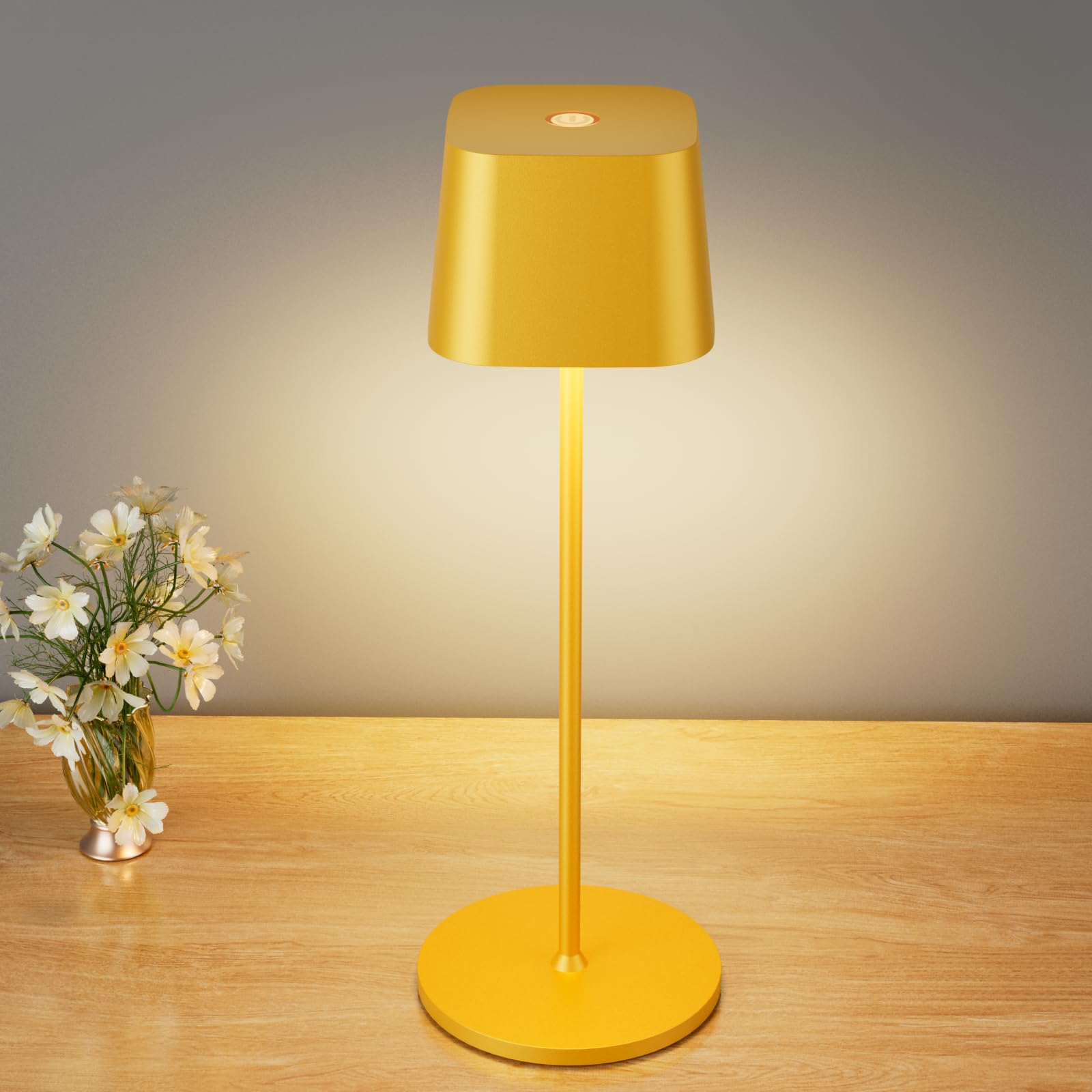 brightower Tischlampe Kabellose, Wiederaufladbar 3 Farben(3000-6000K) LED Tischleuchte,Dimmbare Akku Tischlampe Für Innen und Aussen mit USB-C,IP54 Wasserdichte Aluminium Tischleuchte (Gelb)