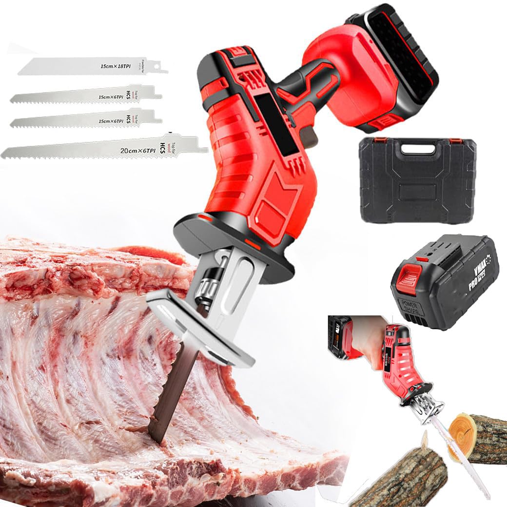 Segaossa Elettrica Portatile - Alimentata a Batteria Al Litio Da 6,0 Ah, Luce LED + 4 Lame per Sega, Per Ossa, Carne, Legno, Metallo, Plastica