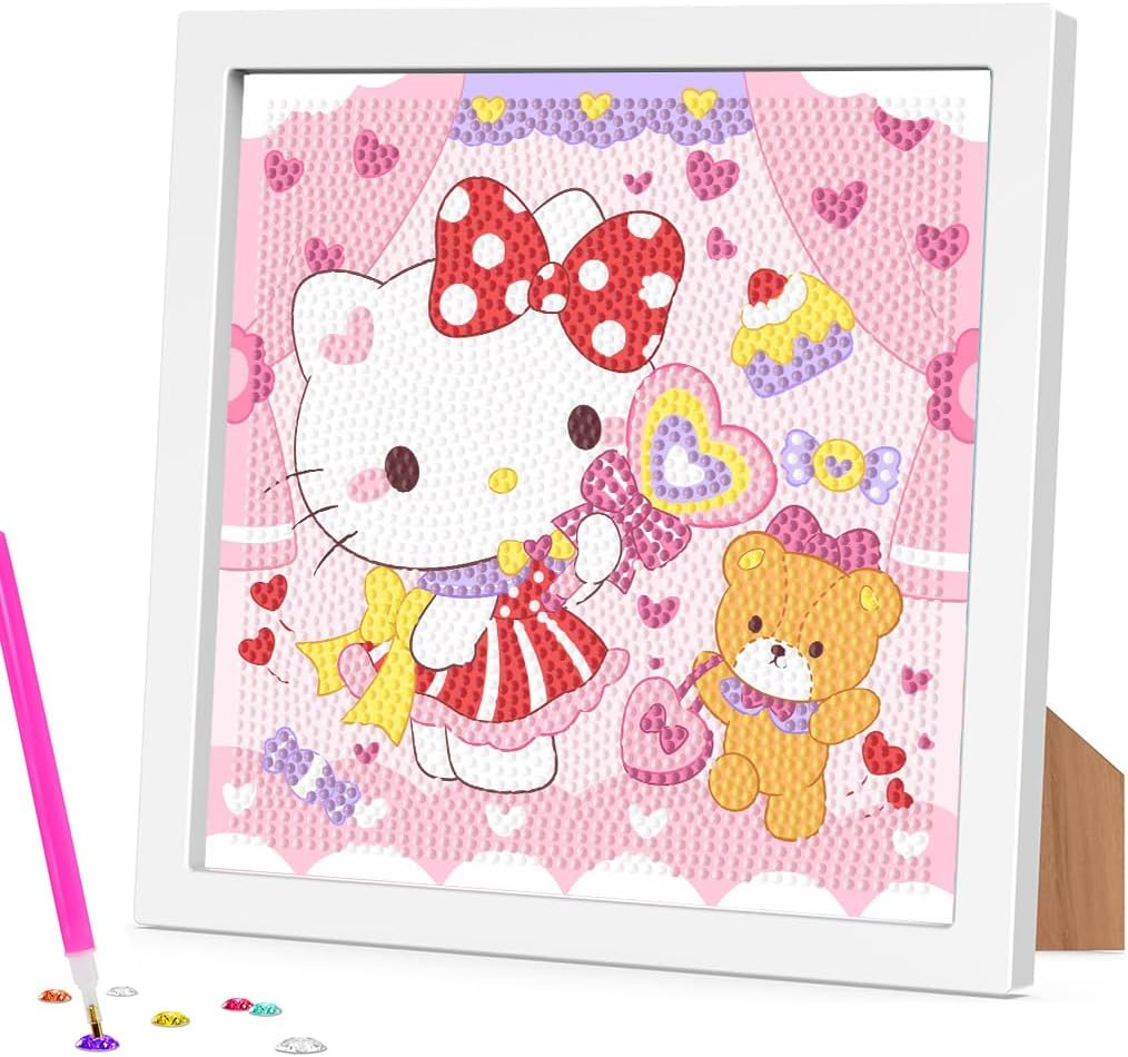 DIY Diamond Painting Art Kit for Kids 7 inches Cute Cat & BAER Diamond Painting with Wooden Frame DIY Diamond Painting Desk Decoration Art Craft Gift for Kids
