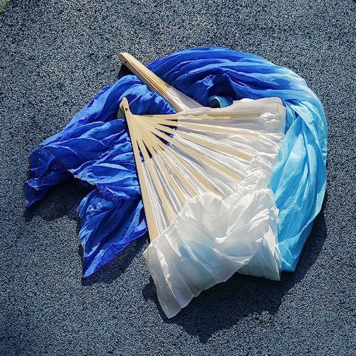 Leemiman Women 1.8 m Long Belly Dance 100% Silk Bamboo Fan Veils 1 Pair(L+R) (White turquoise blue), 180*90cm - Image 4