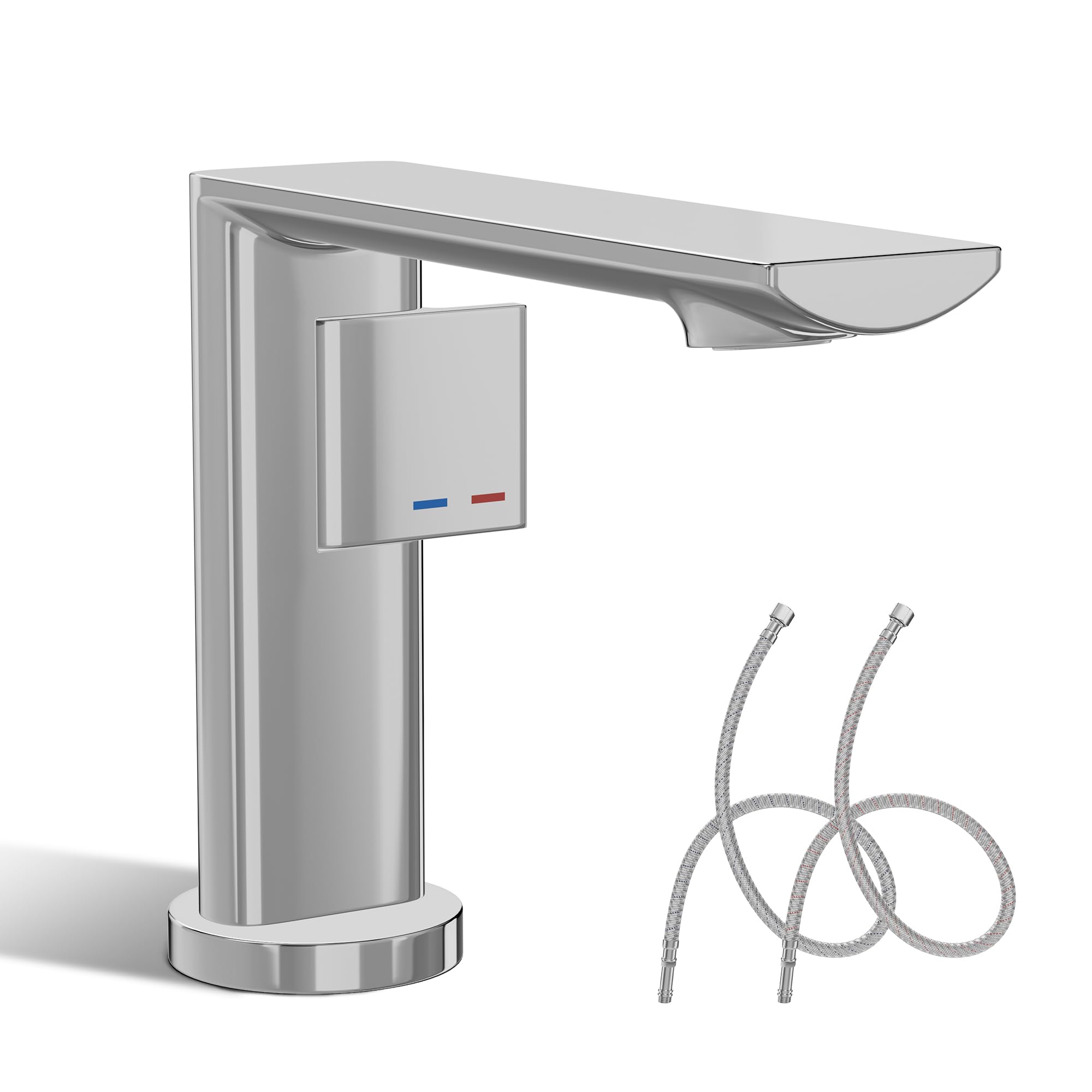 Robinet de salle de bain chromé avec tuyau de raccordement et mitigeur monocommande pour lavabo