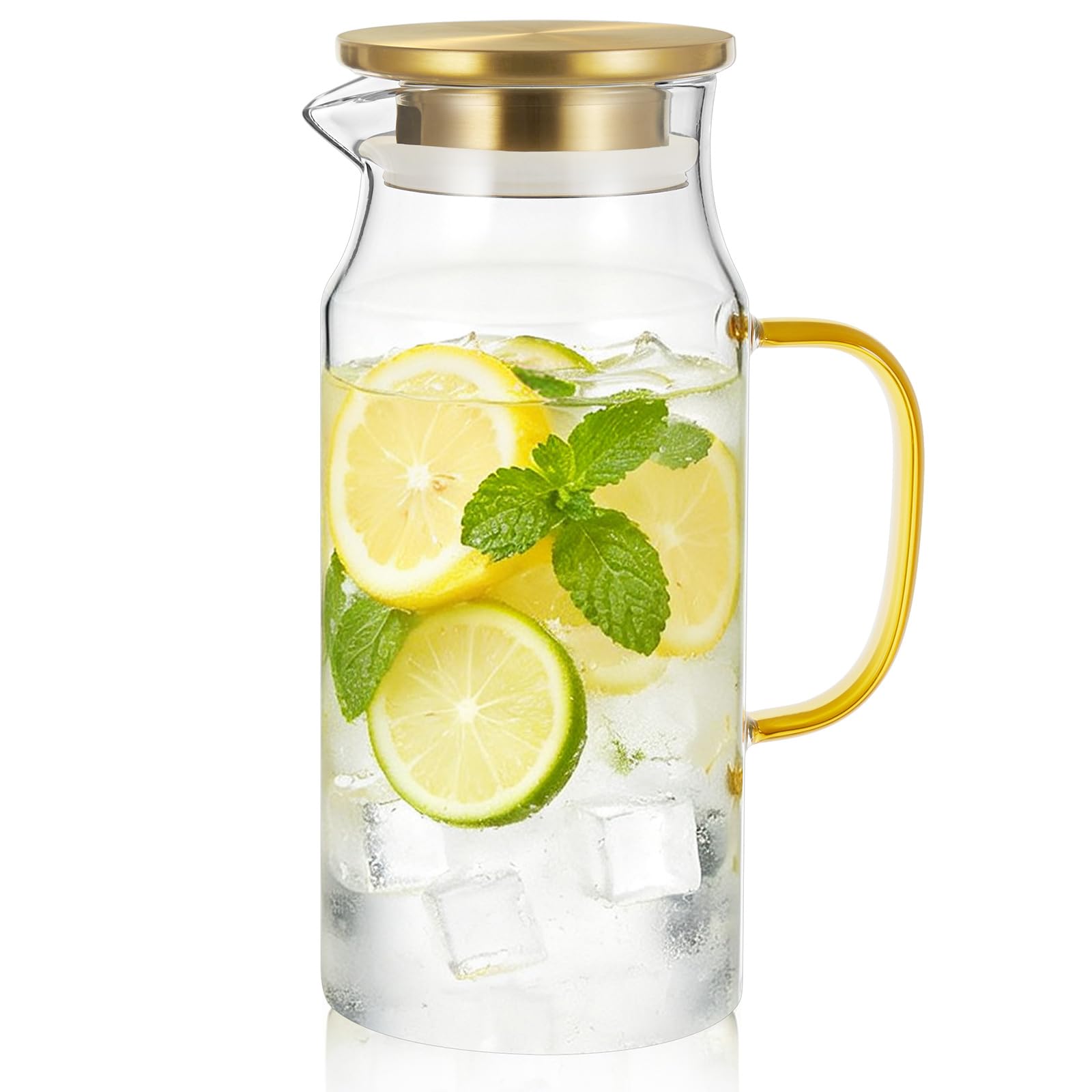 Bivvclaz 1.2 Liter 40 oz Small Gold Glass Pitcher with Lid and Handle, Glass Carafe for Hot/Cold Water, Iced Tea Jug for Coffee, Juice and Homemade Beverage