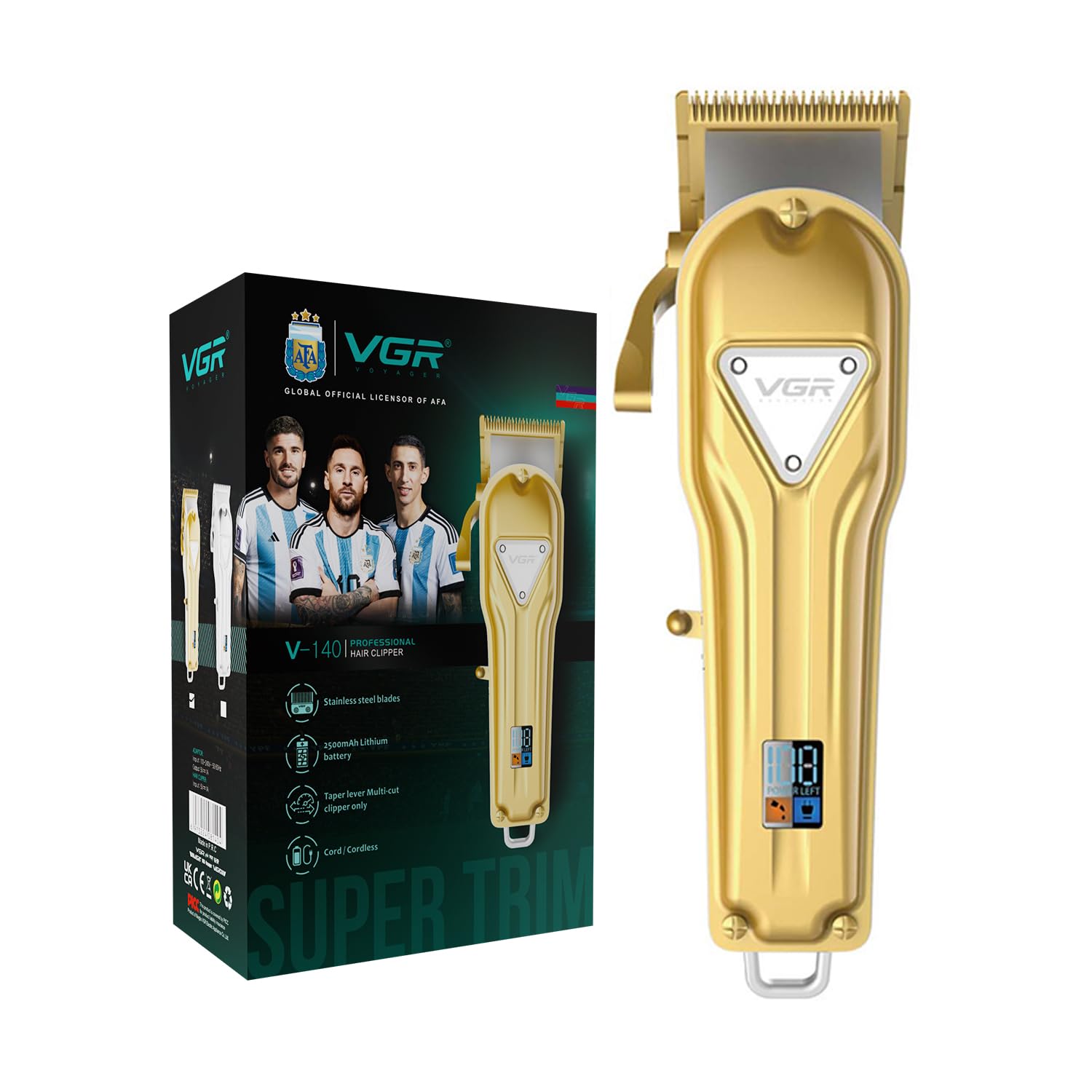 VGR V-140 Professional Salon Series Hair Clipper - 300 Min Runtime, 2500mAh Lithium Battery, Taper Lever, LED Display, Metallic Body, 4 Cutting Guide Combs (Gold)-image-27