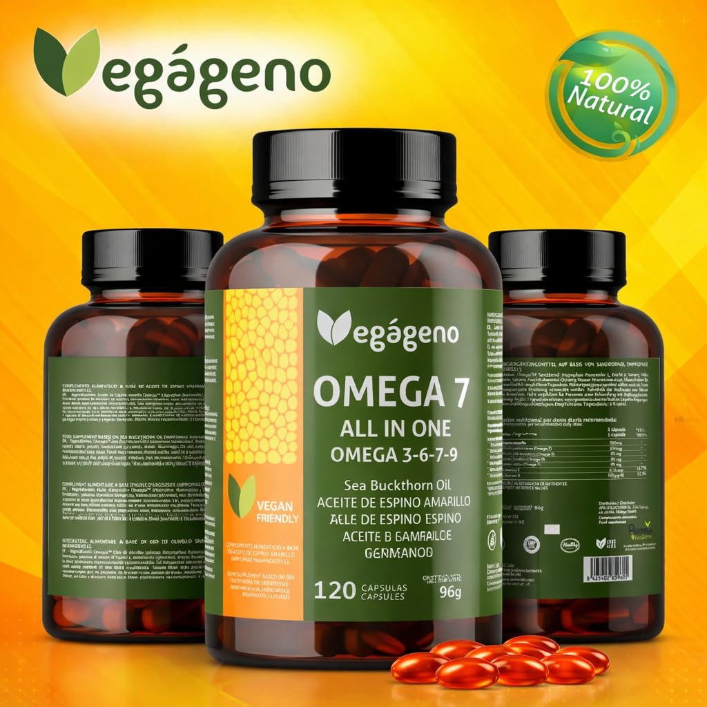 OMEGA 7 ALL IN ONE - Aceite de Espino Amarillo, Omega 3 6 7 9, Vitamina E Natural, 120 Cápsulas Veganas, No GMO, Sin Gluten, VEGAGENO