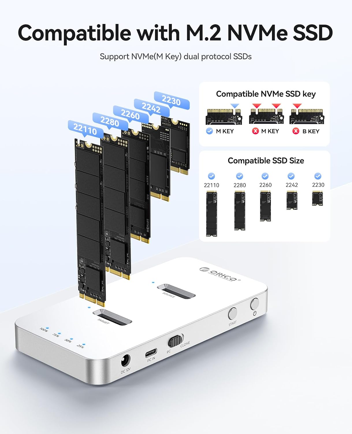 ORICO M.2 NVMe SSD Enclosure & SATA Adapter, USB 3.2 Gen 2 Aluminum External Hard Drive Case, Tool-Free M.2 Docking Station for PCIe/SATA M-Key/B+M Key SSD, Compatible with Mac & PC (M240-C) image 3