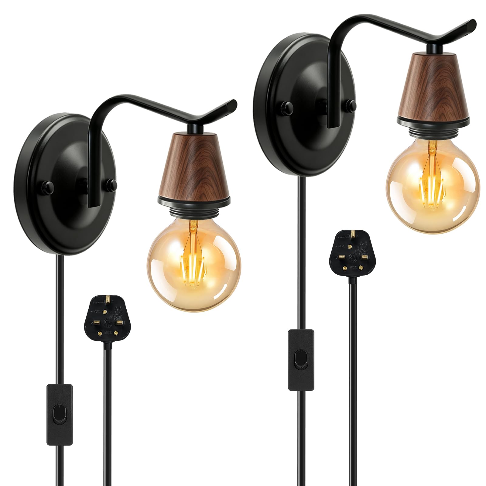 ZRLXFM 2PCS Vintage Plug in Wall Sconce Lights, E27 Hydrographic Finish Bedside Wall Lamp with 2.4m Cable, 360° Rotatable Indoor Wall Lighting with Switch for DIY Lampshade (No Bulb)