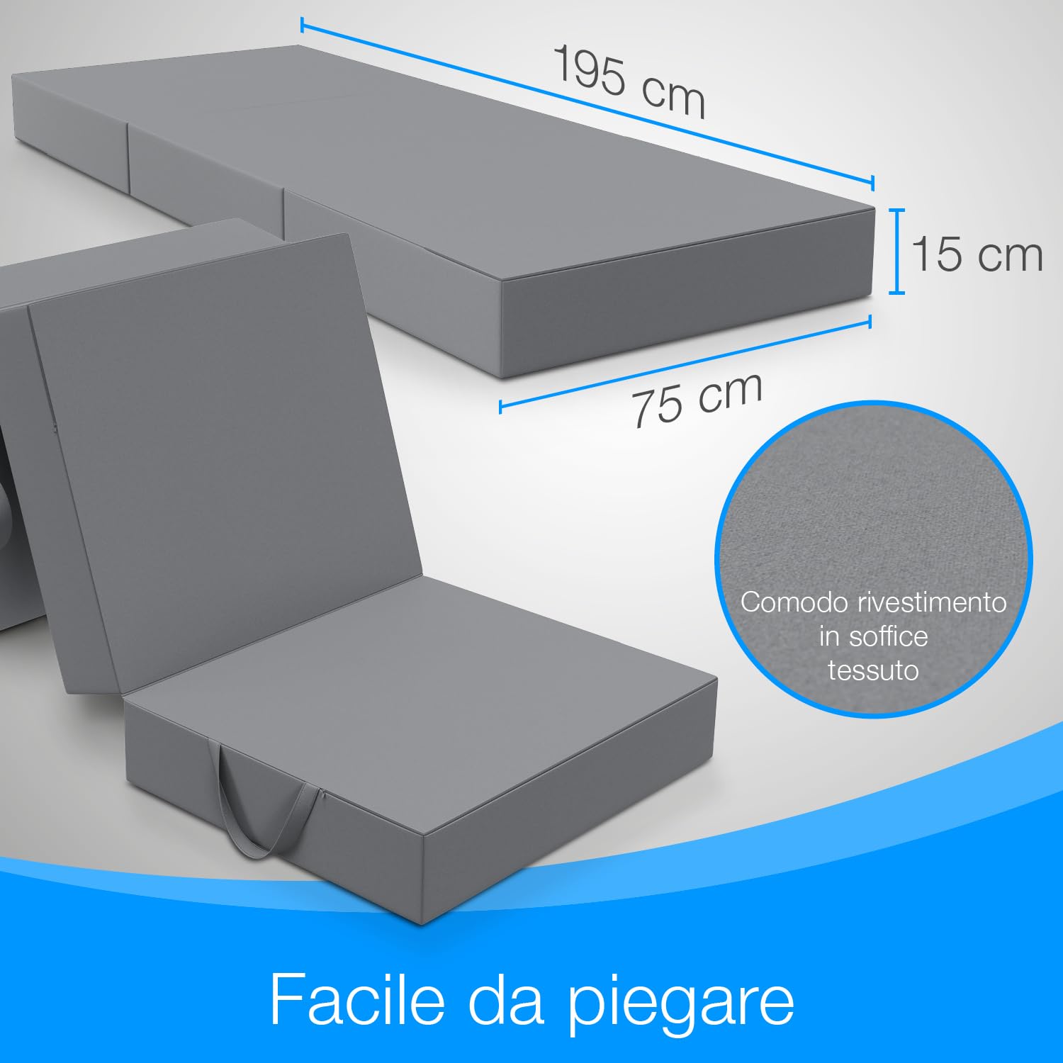 ELONEO materassino pieghevole per ospiti, materasso pieghevole a 3 parti, spugna extra spessa (15cm), lavabile, cubo a disco intervertebrale, adulti (grigio, 75 x 195 x 15 cm)
