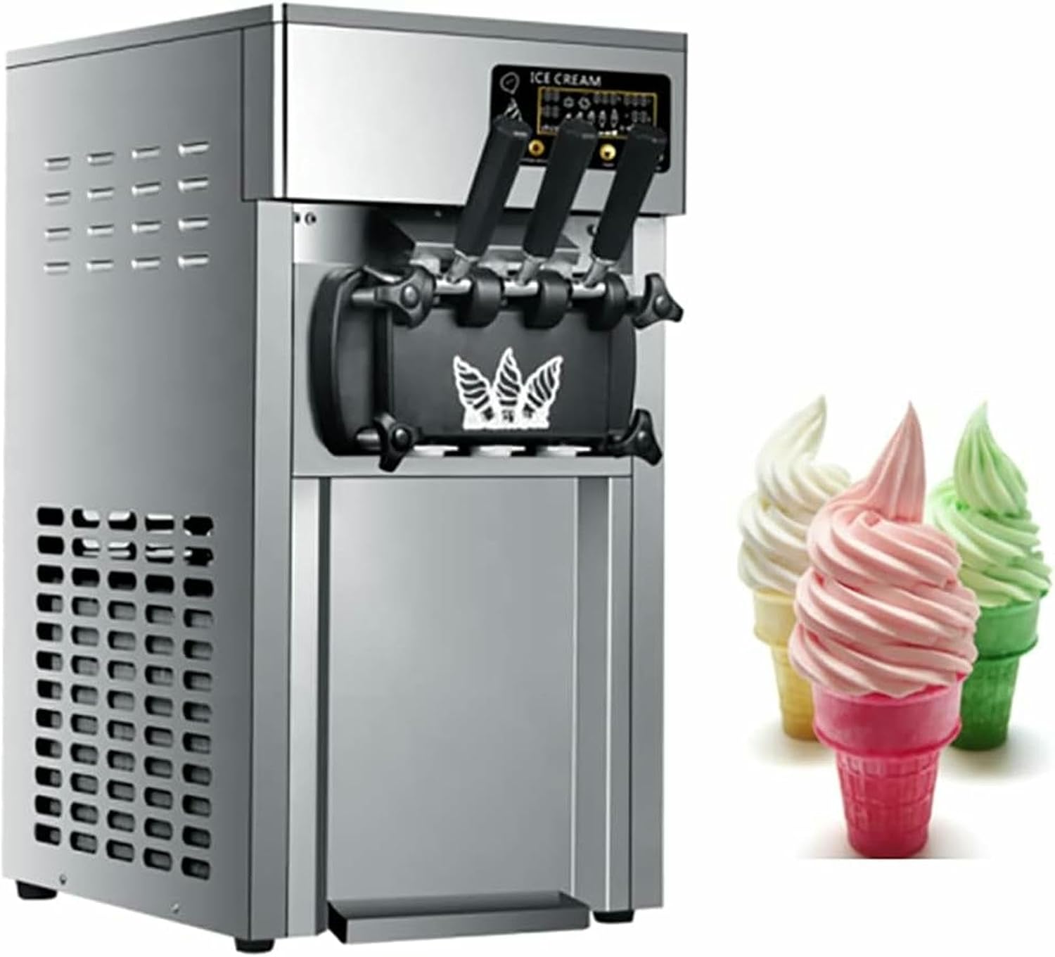 Commercial Ice Cream Machine,1200W Electric Soft Serve Ice Cream Maker Machine,16-18L/H Stainless Steel Desktop Ice Cream Machine, 3 Flavors Sweet Cone Ice Cream Maker for Restaurants