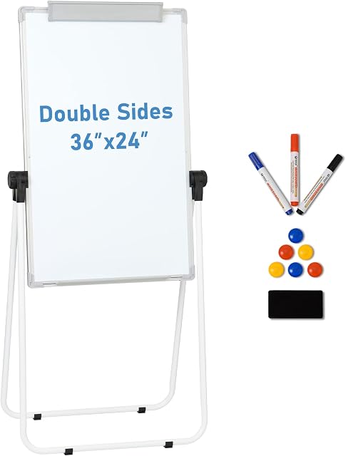 Large Stand Whiteboard Easel, 36"x24" Double Sided Magnetic Dry Erase Board, Height Adjustable & 360 Degree Rotating Stand Flip Chart for School, Classroom, Home, Office, White