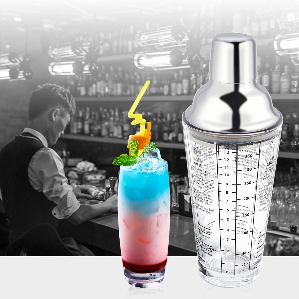 WolFum Glas-Cocktail-Shaker, transparente Skala, Bar-Shaker, Tasse, Weinmischen für Barkeeper, Saft, Wasserflasche, Edelstahl, Party, WolFums (Größe: 350 ml)