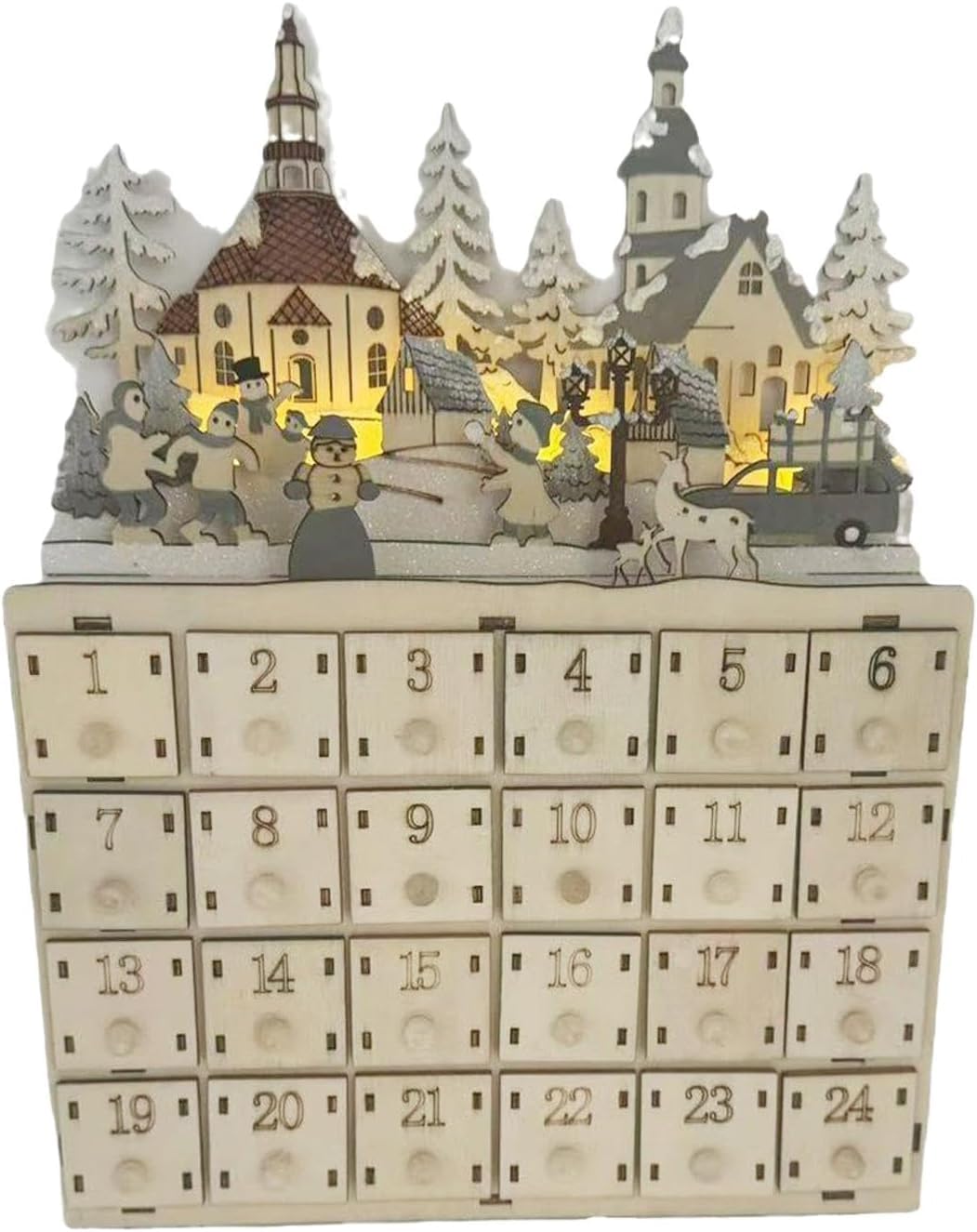 Adventskalender aus Holz, mit 24 Schubladen und LED-Lichtern, Countdown Kalender, Dekorative und Funktionale Geschenkaufbewahrung für Kinder (30x22x8cm)