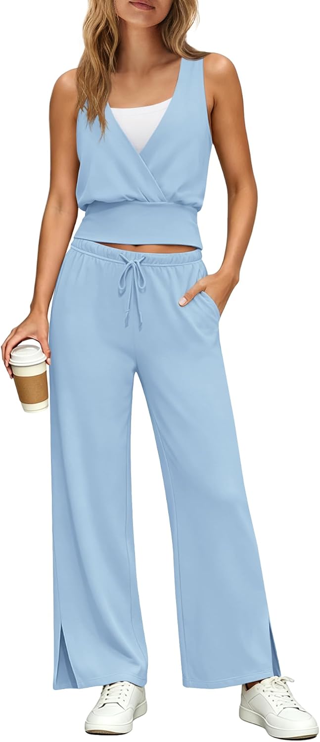 Yanekop Womens 2 Piece Lounge Set Pilates Wrap Top Wide Leg Pants Set Summer Beach Vacation Outfits Casual Tracksuit