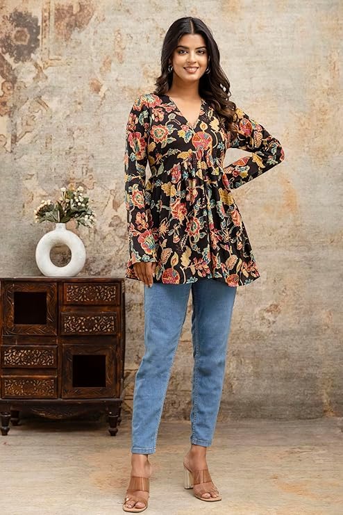 Image of LABEL ADRIJA Cotton V Neck Anarkali Short Kurti for Women Full Sleeve Floral Print | Short Kurtis for Women on Jeans