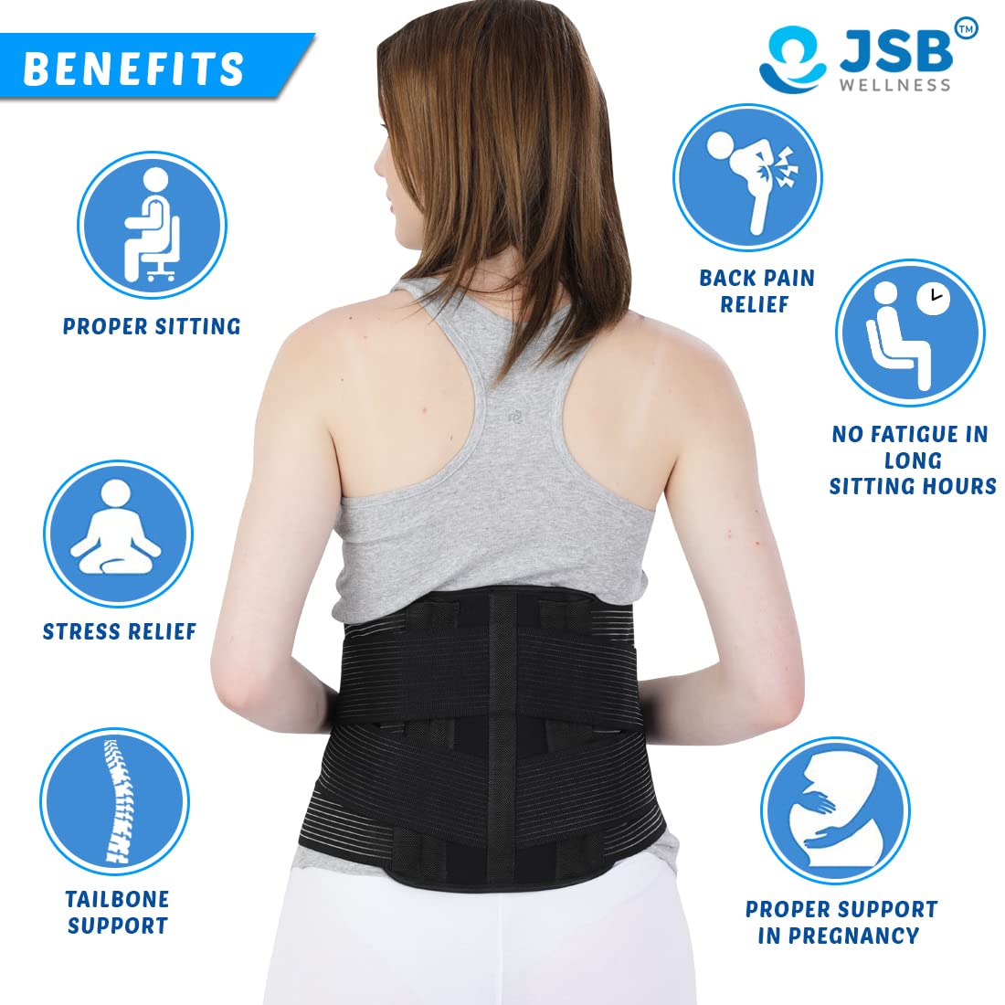 JSB BS55 Lumbar Support Belt Contoured LS Belt for Back Pain Relief Support with Double Lock for Women and Men (L, Black) 2