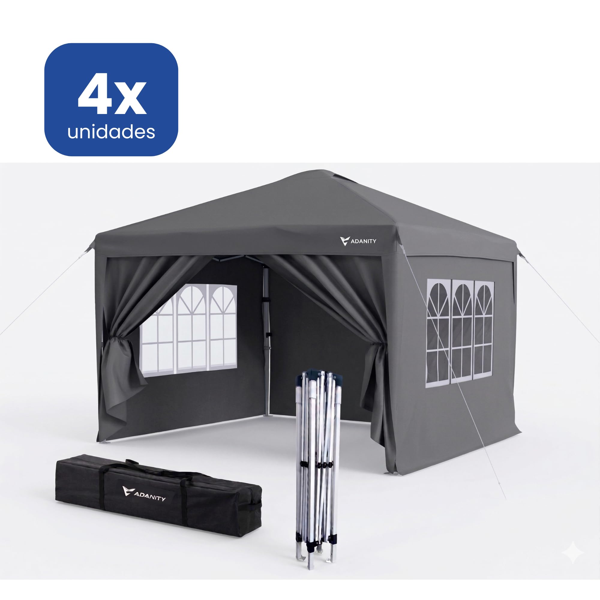 Lot de 2 tonnelles Pliantes 3 x 3 m Grises – 4 parois avec fenêtres et Porte, Toile Oxford 210D imperméable et Anti-UV, Structure en Acier – Sac et kit de Fixation Inclus