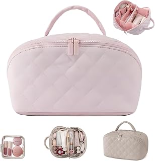 Petition Makeup Bag, Petitionm Lay Flat Travel Makeup Bag for Women, Large Capacity Pouch Open Flat Small Toiletry Bag with Brush Compartment & Handle (Pink)