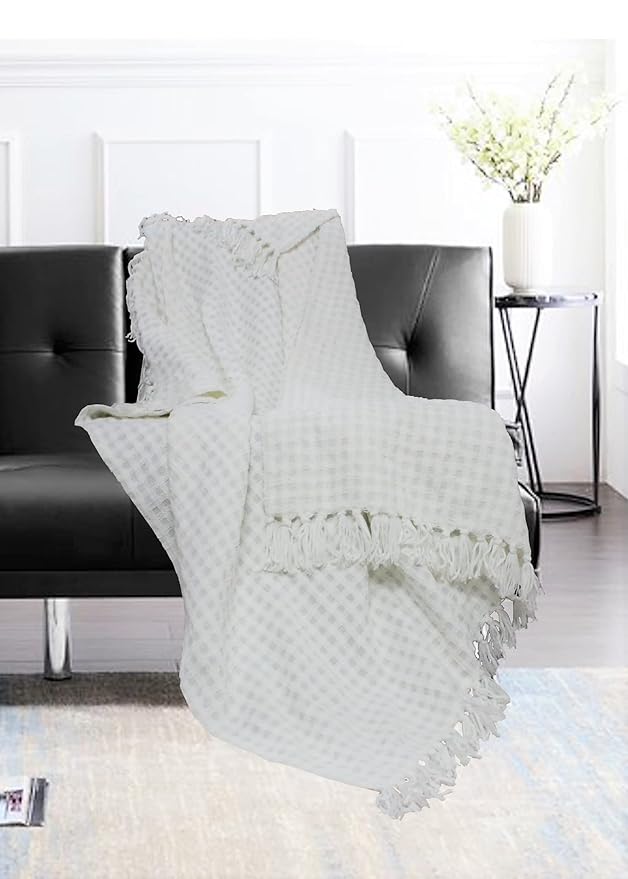The Furnishers Premium Acrylic Throw Blanket with Tassels - Reversible 50 * 60 - Waffle White Dove