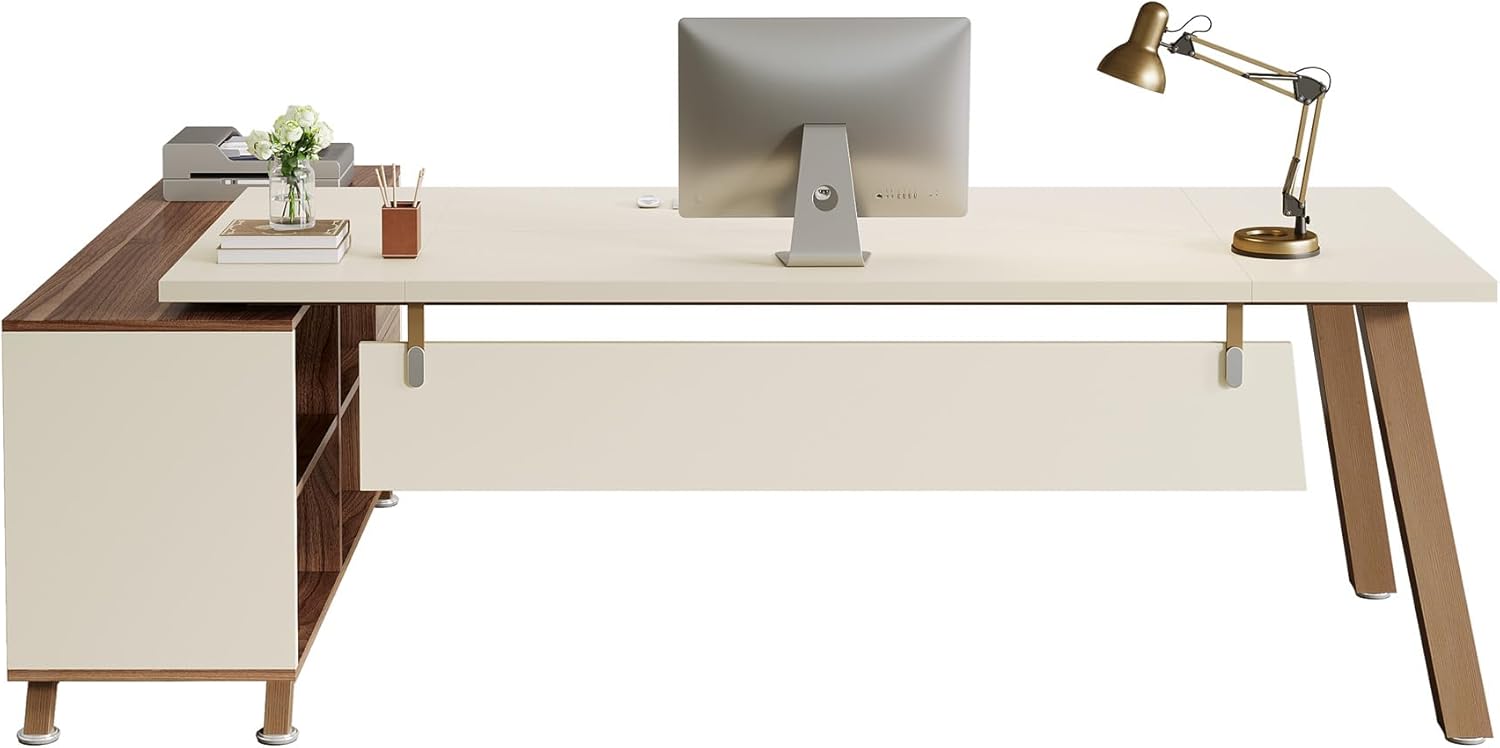 Tribesigns 78.7" L-Shaped Executive Desk, Modern Office Desk with File Drawers & Storage Shelves, Large Computer Desk with 55-Inch Cabinet, Business Workstation for Home Office, Beige & Walnut