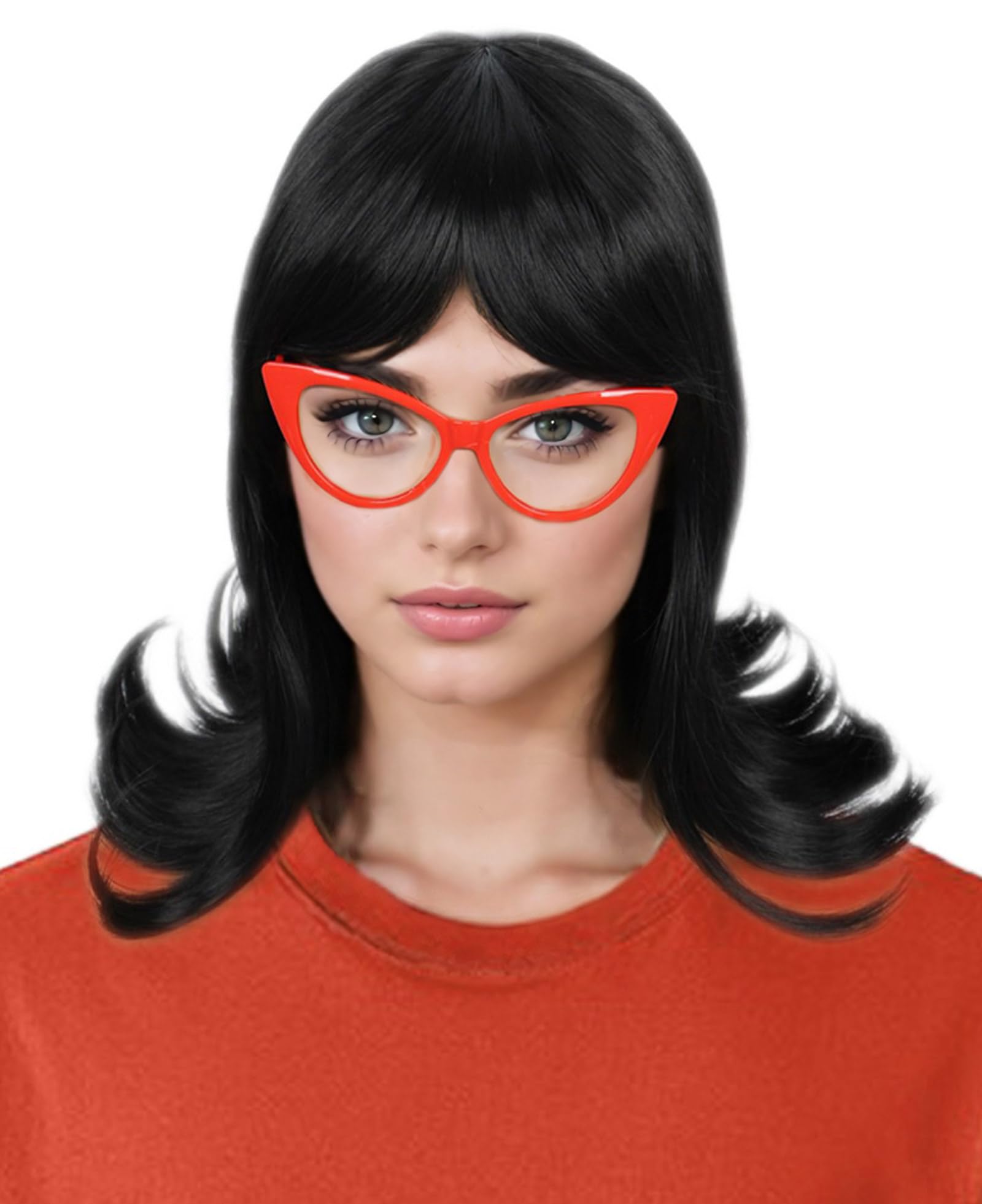 Codeven Short Black Flip Bob Wigs Halloween Costume Cosplay Wig for Women with Red Glasses Frame