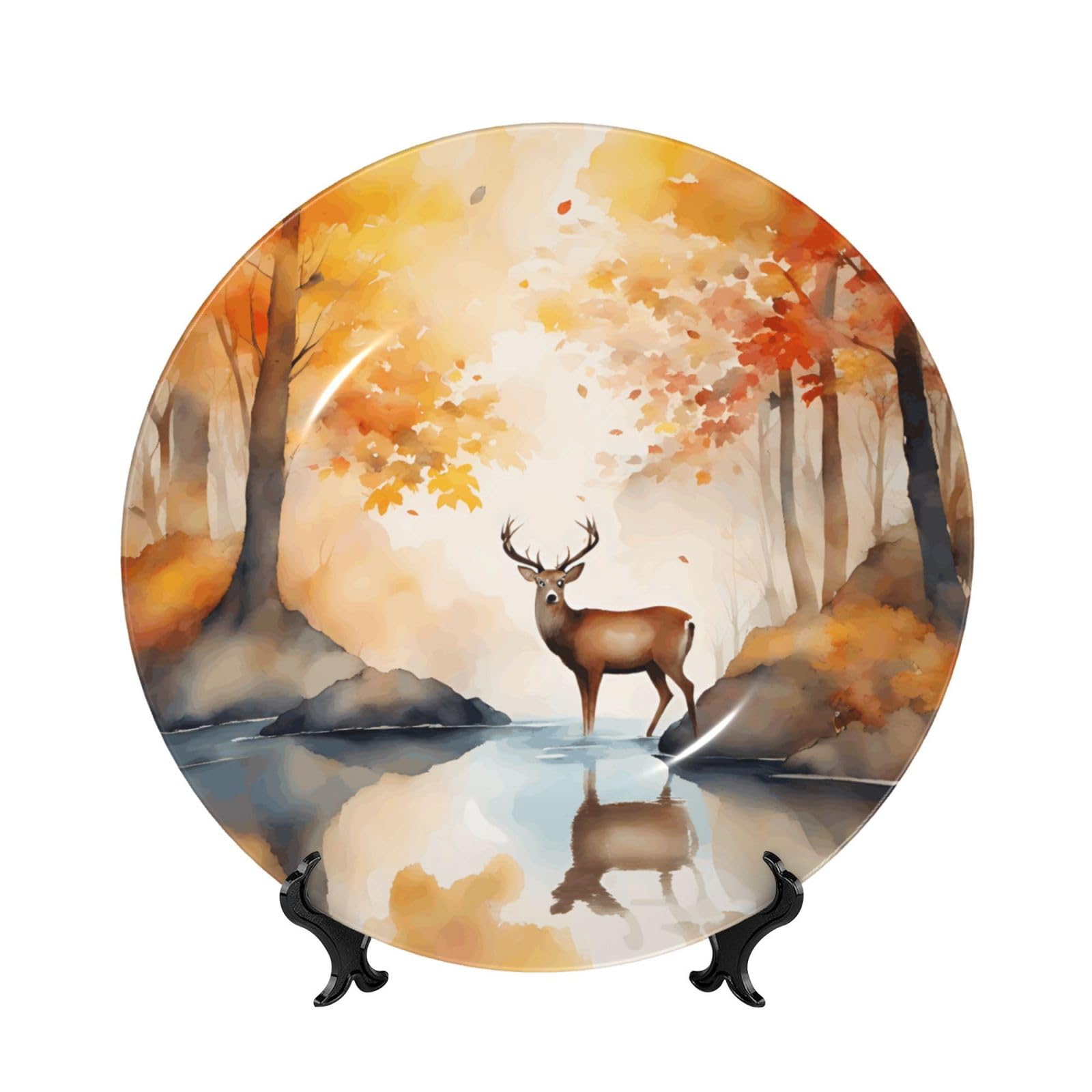SXZVVBN beautiful deer Bone China Decorative Plate Art with Stand Removable Adhesive Hanging for Home Office 7in