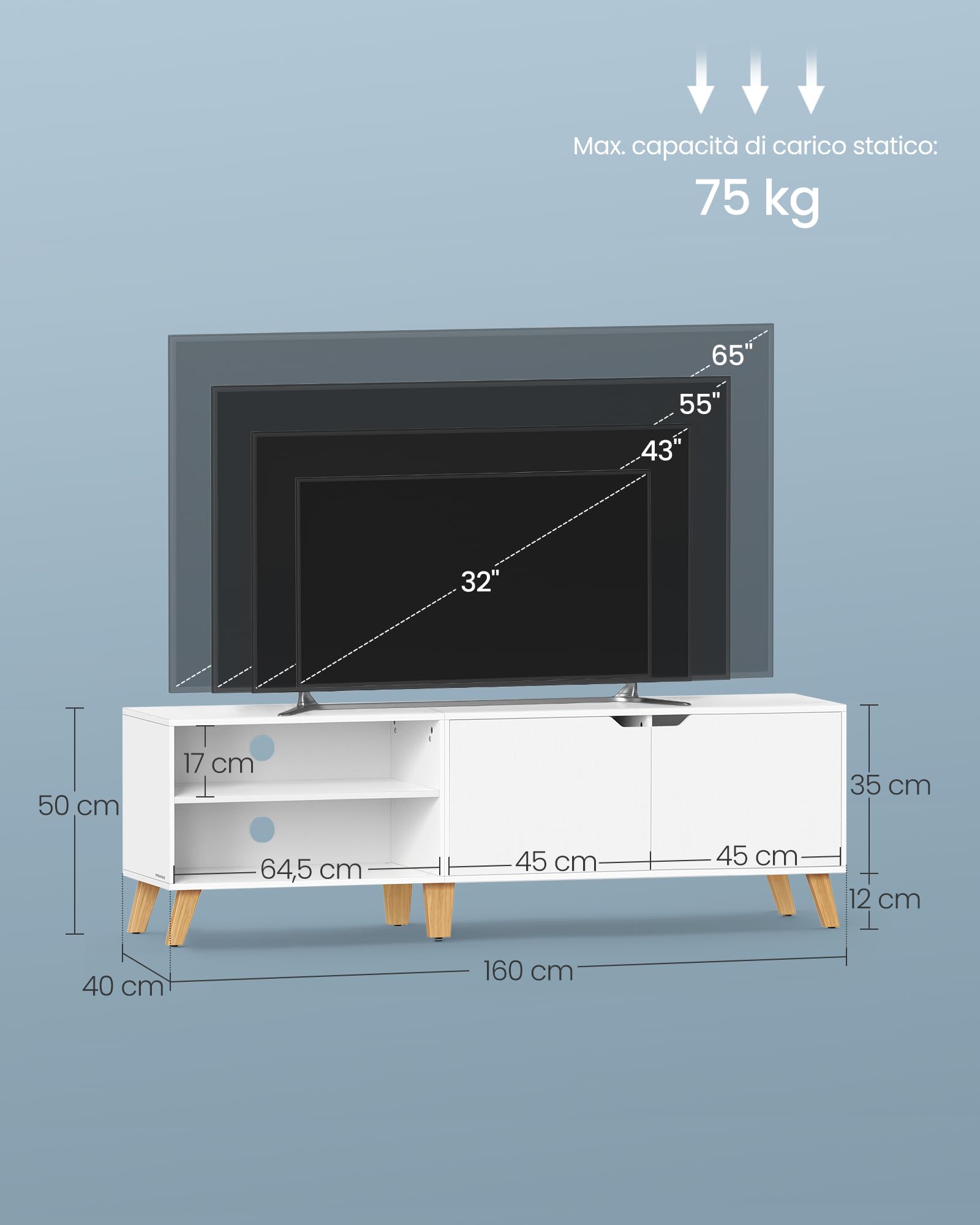 VASAGLE Mobile TV per Televisore fino a 65 Pollici, Armadietto per TV con 2 Ante, Ripiani Regolabili, Lungo 160 cm, per Soggiorno, Camera da Letto, Bianco Neve LTV030W01
