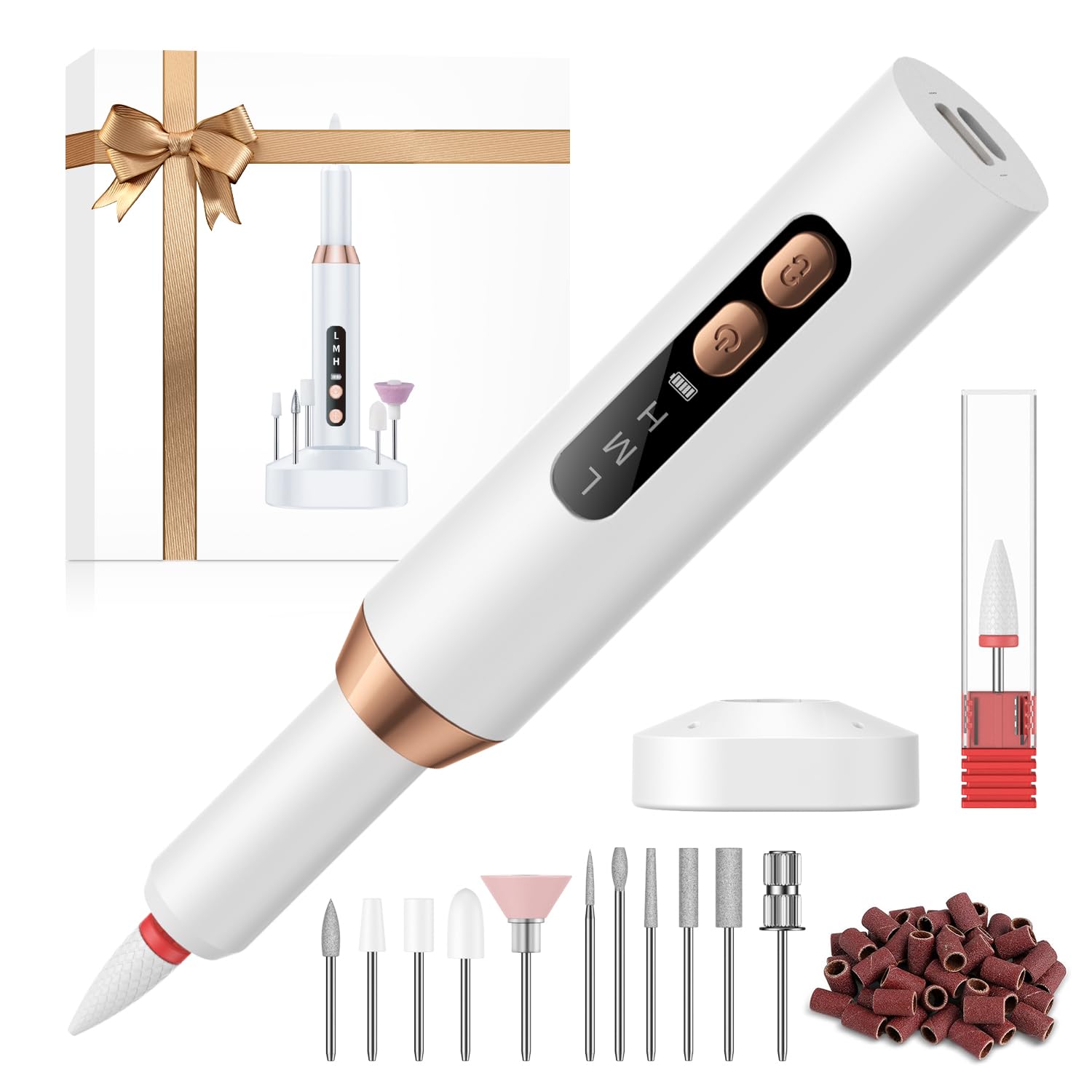 Cordless Rechargeable Nail Drill Kit, 12 Professional Bits & 36 Sanding Bands, 30000RPM Electric Nail Drill Machine, Dual Rotation Ambidextrous Electric Nail File for Acrylic, Gel & Natural Nails