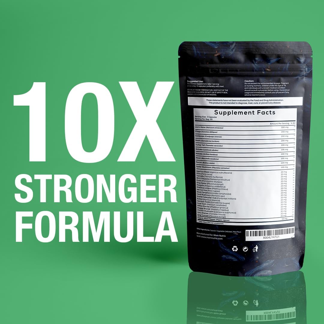 MOM NUTRIX 30 in 1 Ultimate Mushroom Supplement - 180 Mushroom Capsules, Organic - Lion’s Mane, Cordyceps, Chaga, Reishi, Turkey Tail, Mitake, Shiitake & More - Brain & Immune Support
