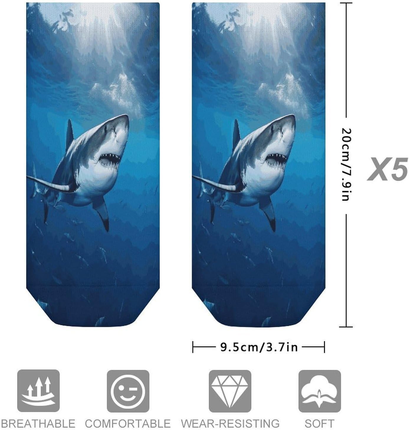 Ocean Sea Animal Shark Ankle Socks for Men Women 5 Pairs | Comfortable Casual Low Cut Socks, Lightweight No Show Breathable Athletic Socks, Soft Mini Crew Socks for All Seasons