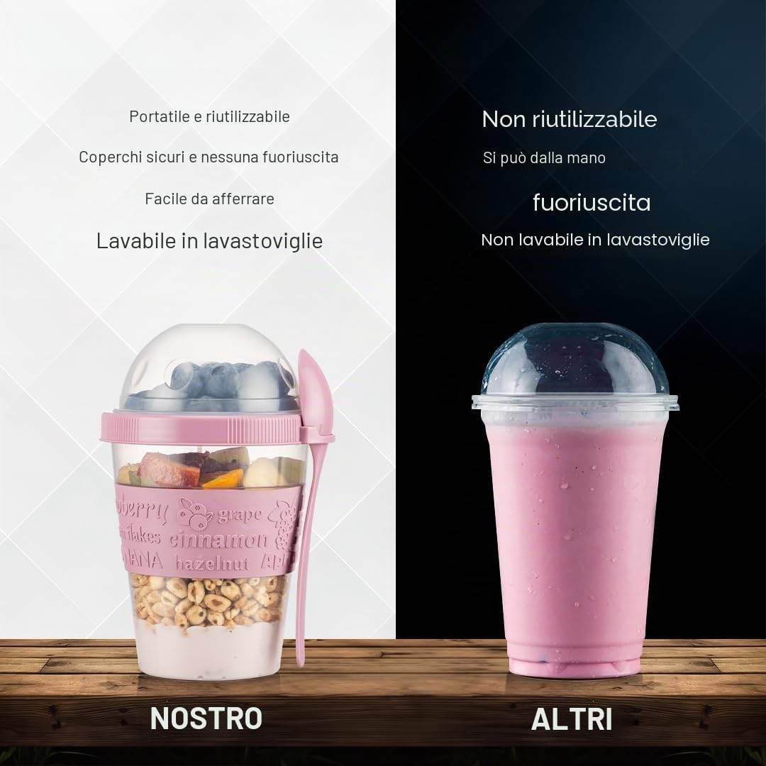 Bicchiere per muesli da portare con sé con cucchiaio, confezione da 4, 600ml, pratico bicchiere per yogurt da asporto, bicchiere riutilizzabile per muesli da viaggio per la colazione, perfetto