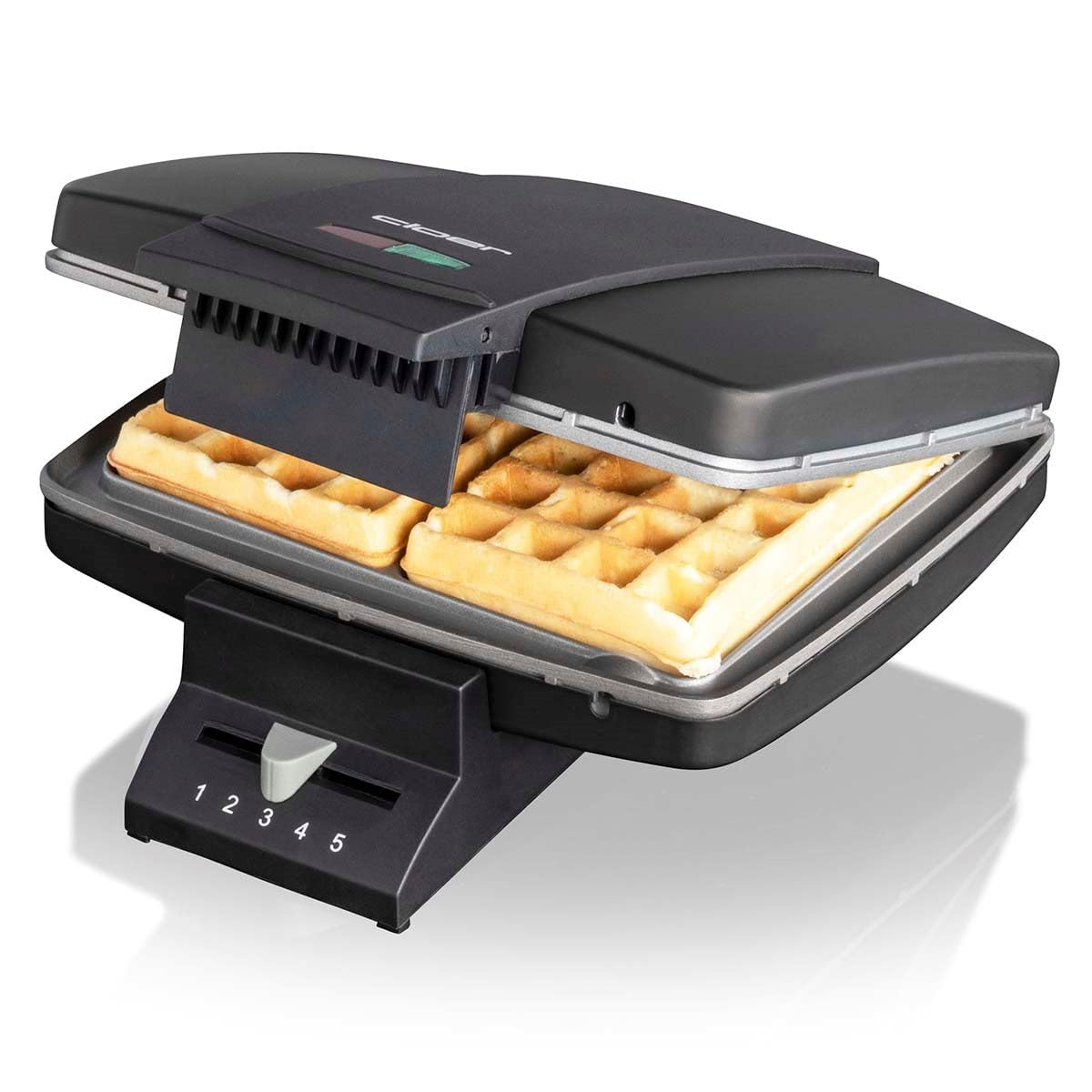 Cloer 1440 Brüsseler Waffeleisen für 2 Belgische Waffeln 9 x 15,5 cm, Duo-Waffeleisen mit Antihaftbeschichtung, stufenlosem Bräunungsgrad und Backampel, schwarzes Metallgehäuse, 930 W