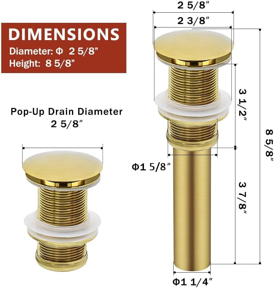 Bathroom Sink Drain Without Overflow,Pop Up Vessel Sink Drain,Brushed Gold,Y1618W-BG