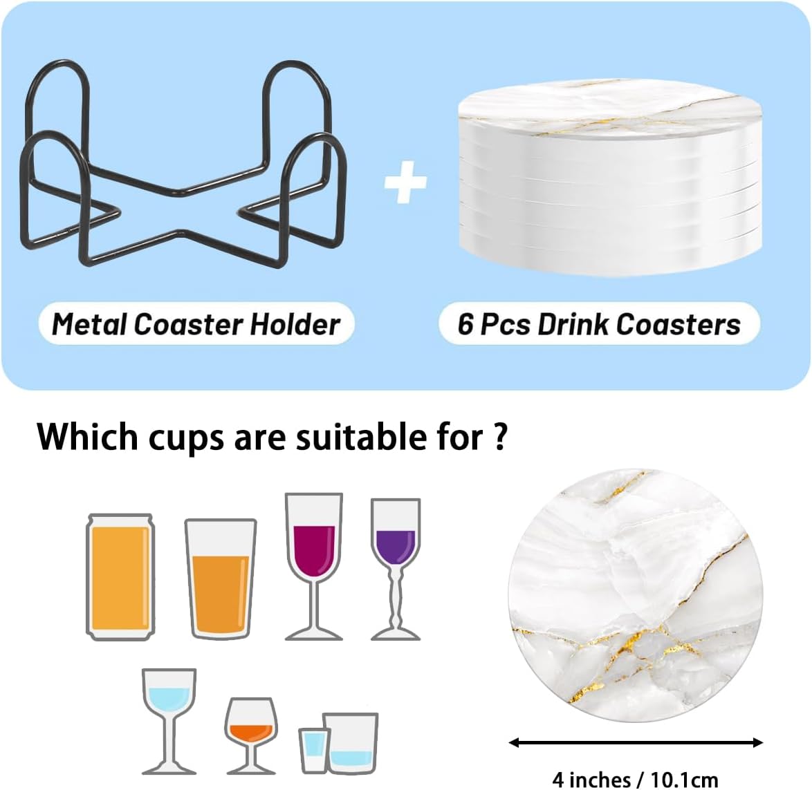 6 Pcs Ceramic Coasters with Holder Absorbent Drink Coasters Round Ceramic Table Coasters Set Decorative Coffee Cup Beverage Coasters Wine Beer Bar Coasters Gold Marble