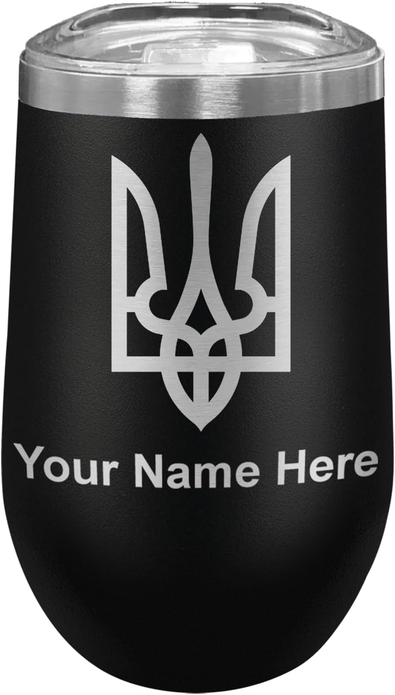 LaserGram 16oz Double Wall Stainless Steel Wine Glass Tumbler, Flag of Ukraine, Personalized Engraving Included (Black)