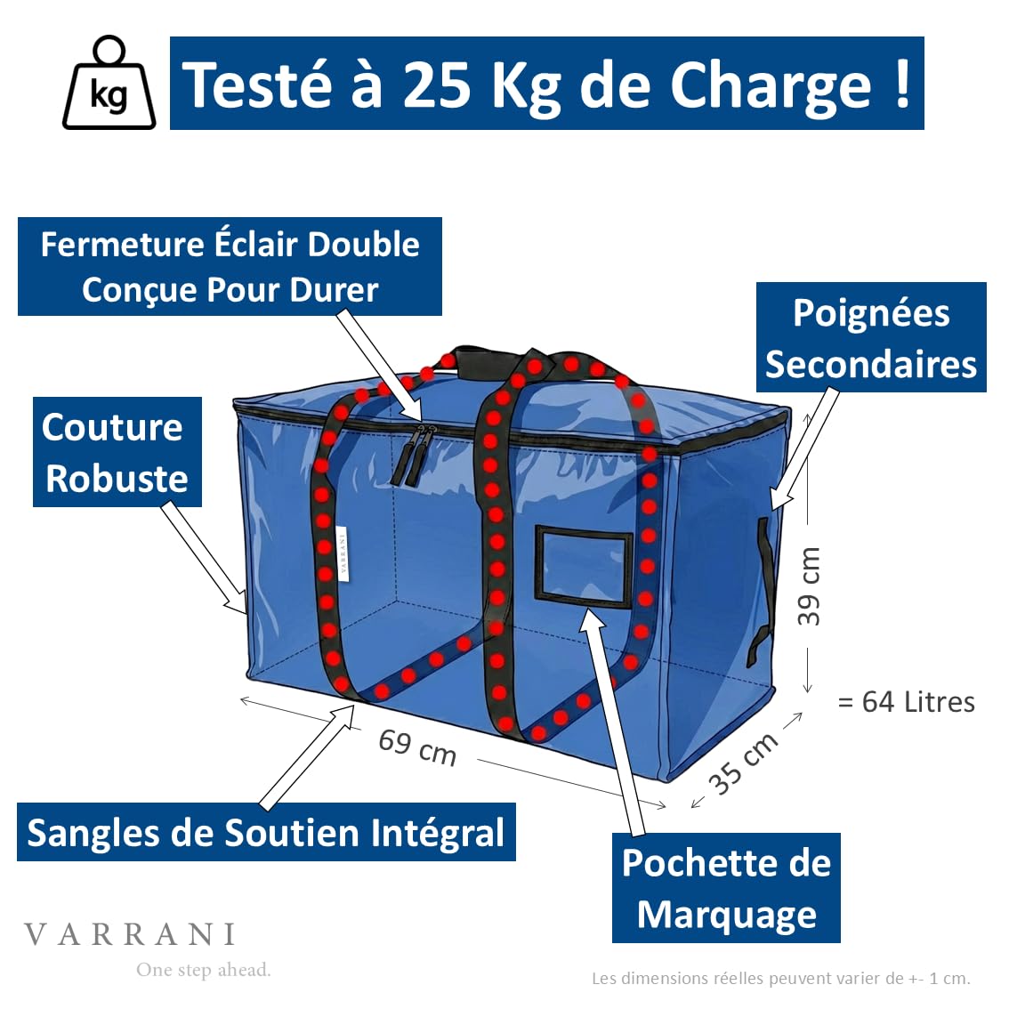 Lot de 5 Sacs de Rangement et Déménagement XXL 94L (4+1), Bleu, avec Poignées Renforcées et Fermeture Zippée, Grande Capacité, Gain de Place, Solide et Durable (5, Bleu)