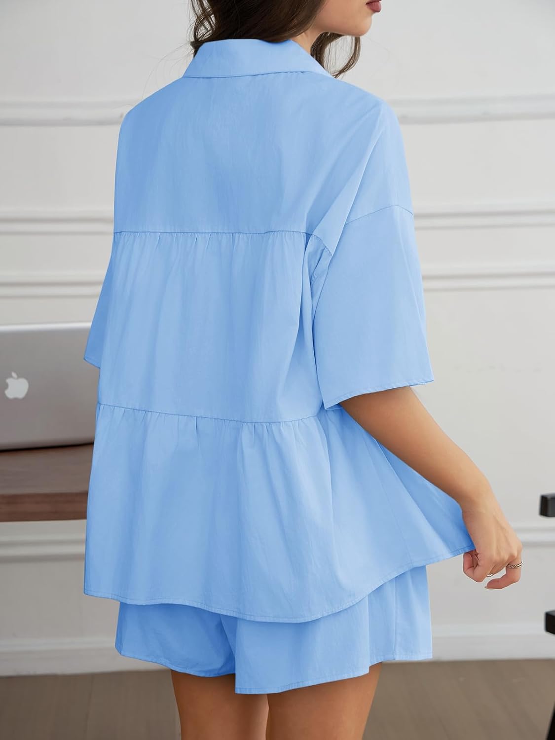 Cicy Bell Womens 2 Piece Outfits Summer Pleated Button Down Shirts High Waisted Shorts Lounge Sets - Image 5