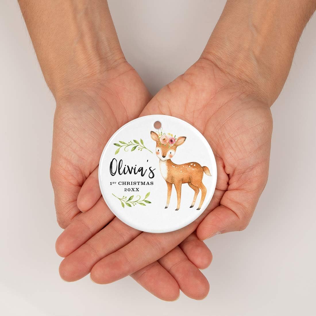 Andaz Press Personalized Round Ceramic Porcelain Christmas Tree Ornament New Girl Baby, 1st Christmas, 2026, Watercolor Woodland Deer Laurels Florals, 1-Pack Babys First Christmas Ornament 2026 Girl