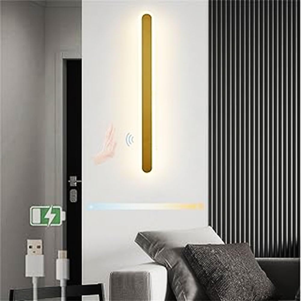 LED Wandleuchte Innen Hand Bewegungsmelder Wandlicht Dimmbar Akku Lange Wandlampe Kabellose Nachttischlampen 3 Farbmodi Wandbeleuchtung Up und Down Beleuchtung USB Aufladbare Leselampen Gold