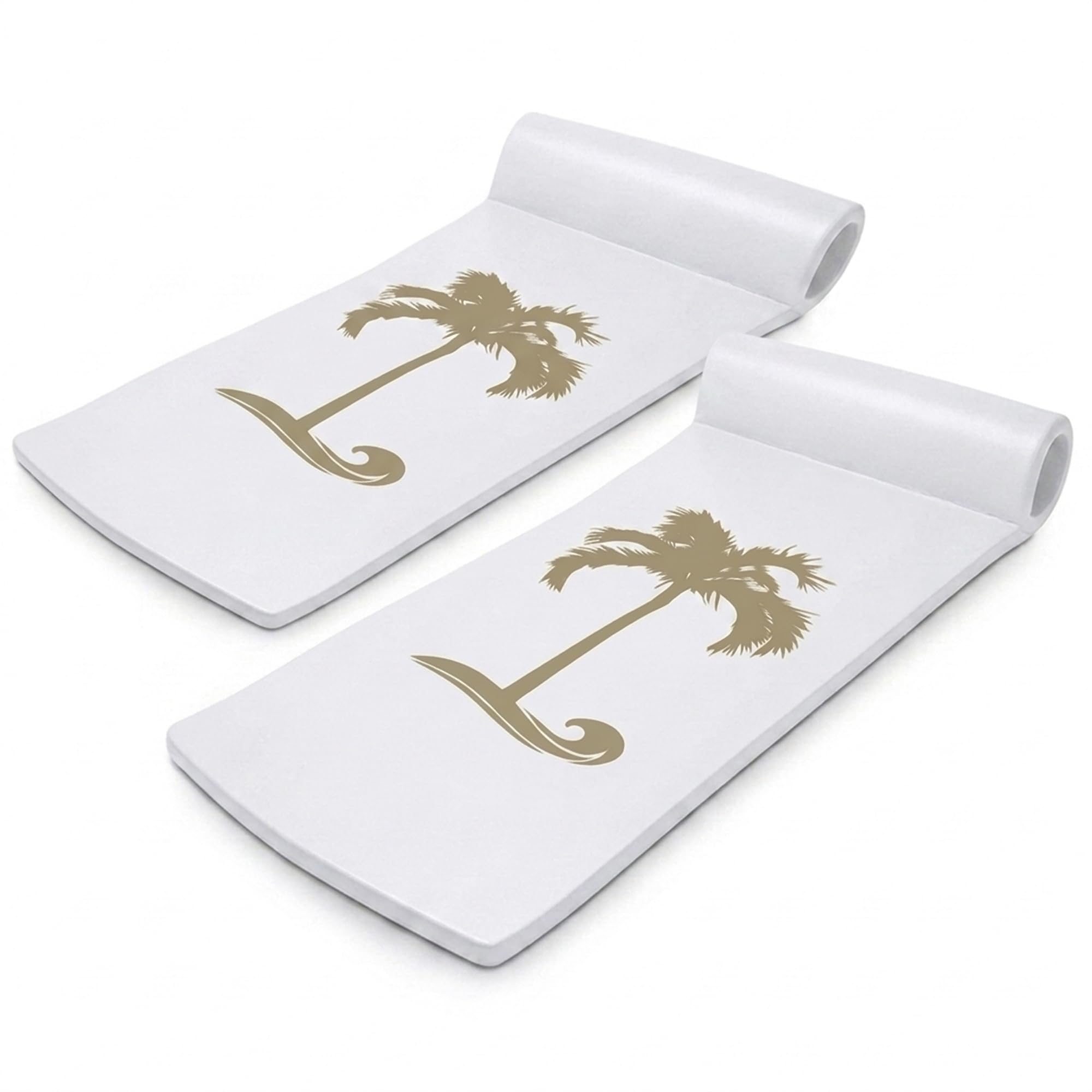 TRC Recreation Sunsation - Juego de 2 tumbonas flotantes de espuma de 1.75 pulgadas de grosor, color blanco con palma de bronce con reposacabezas para descansar y tomar el sol en piscinas, playas y