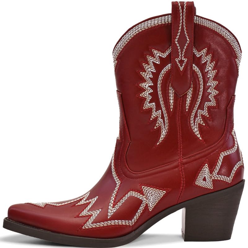 Image of HOCHFART Western Boots for Women Metallic Embroidered Pointed Toe Cowgirl Boots Chunky Heel Pull-On Short Cowboy Boots Wide Calf Country Ankle Boots