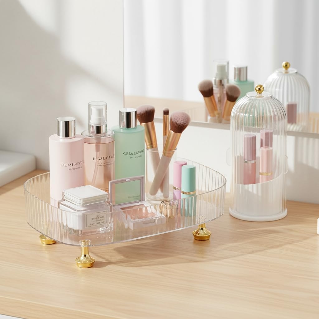 Makeup Organizer 2-Pack, Clear Makeup Brush Holder with Lid + Rotating Tray, Countertop Use, Cosmetic Storage, Make Up Organizers for Counter, Make Up Brush Holder Set for Bathroom Vanity & Dresser