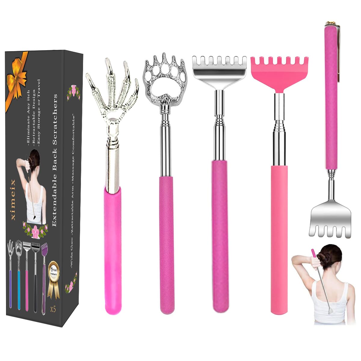 Back Scratcher with Bear Claw Hand and Eagle Claw Kit for Women and Men, 5 Pieces (Pink)