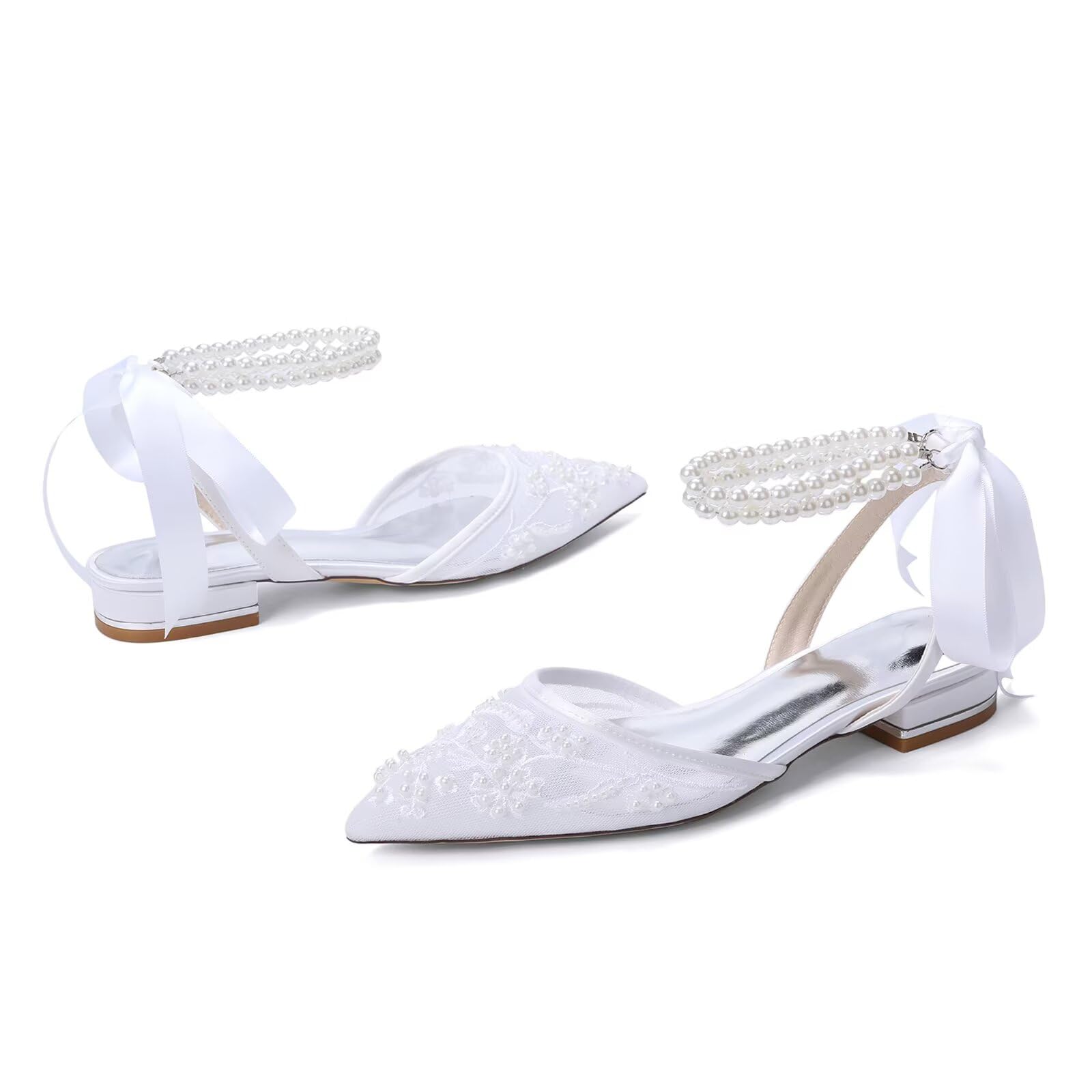 HNVAVQ Damen Brautschuhe Spitze Ballerinas Bequem 2,5 cm Blockabsatz mit Perlen und Seidenband Spitze Hochzeitsschuhe
