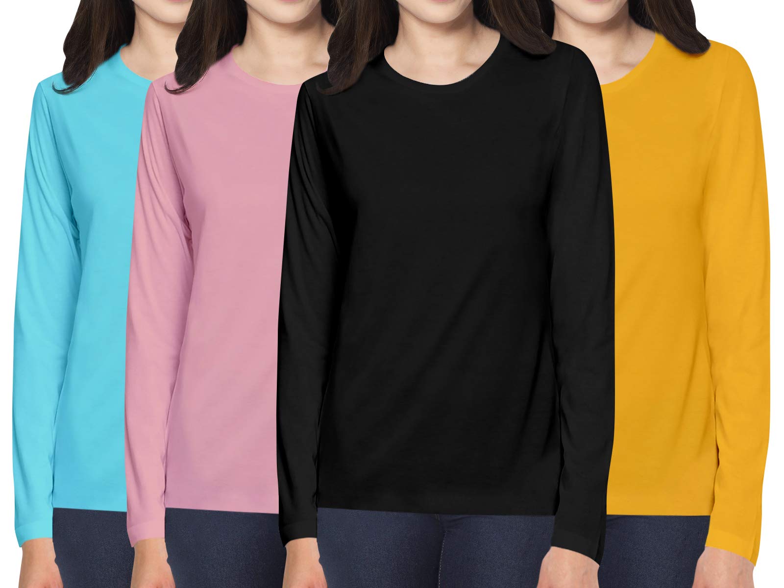 pooplu Women's Regular Fit Round Neck 4 Pack Combo Plain Full Sleeves Cotton Yellow, Pink, Black, Turquoise T Shirt. Stylish, Pootlu Casual Tshirts.-picture-32